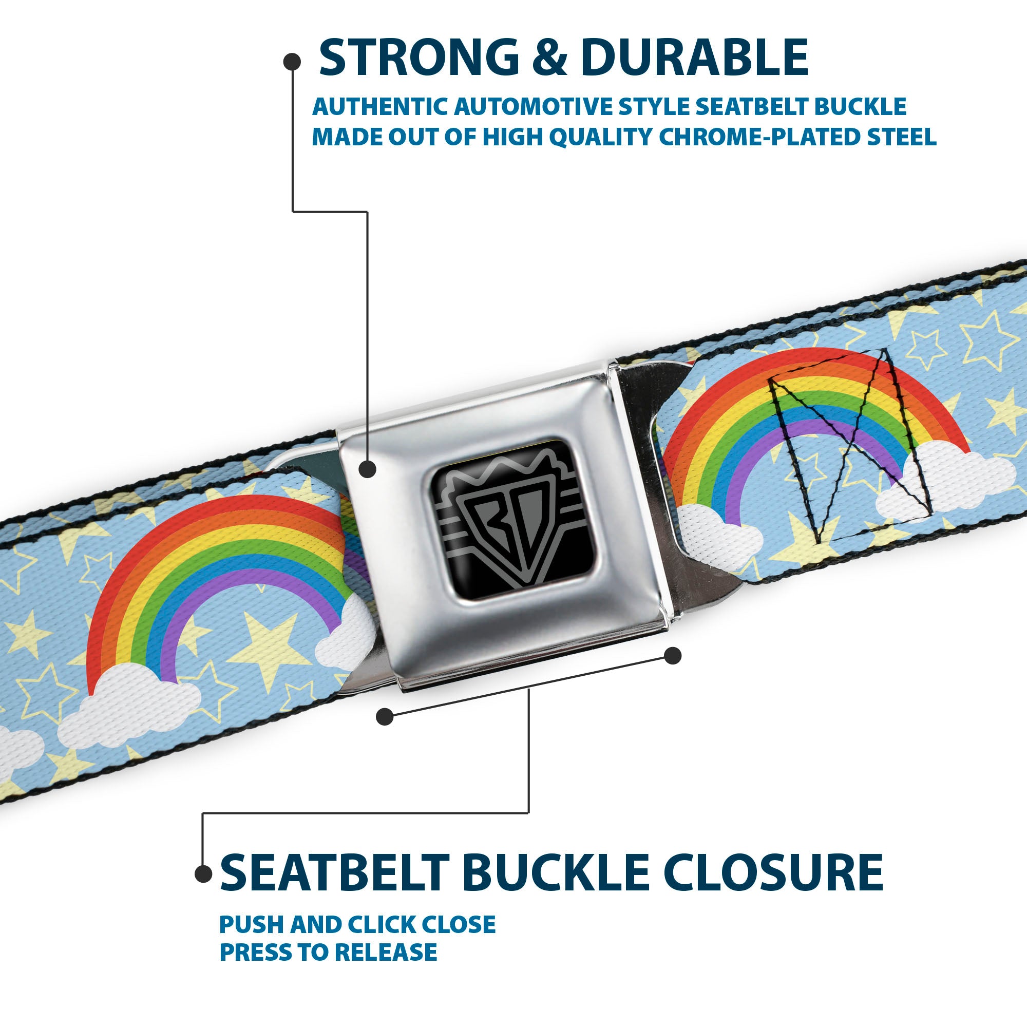 BD Wings Logo CLOSE-UP Full Color Black Silver Seatbelt Belt - Rainbows & Stars Light Blue/Yellow/Rainbow Webbing Seatbelt Belts Buckle-Down
