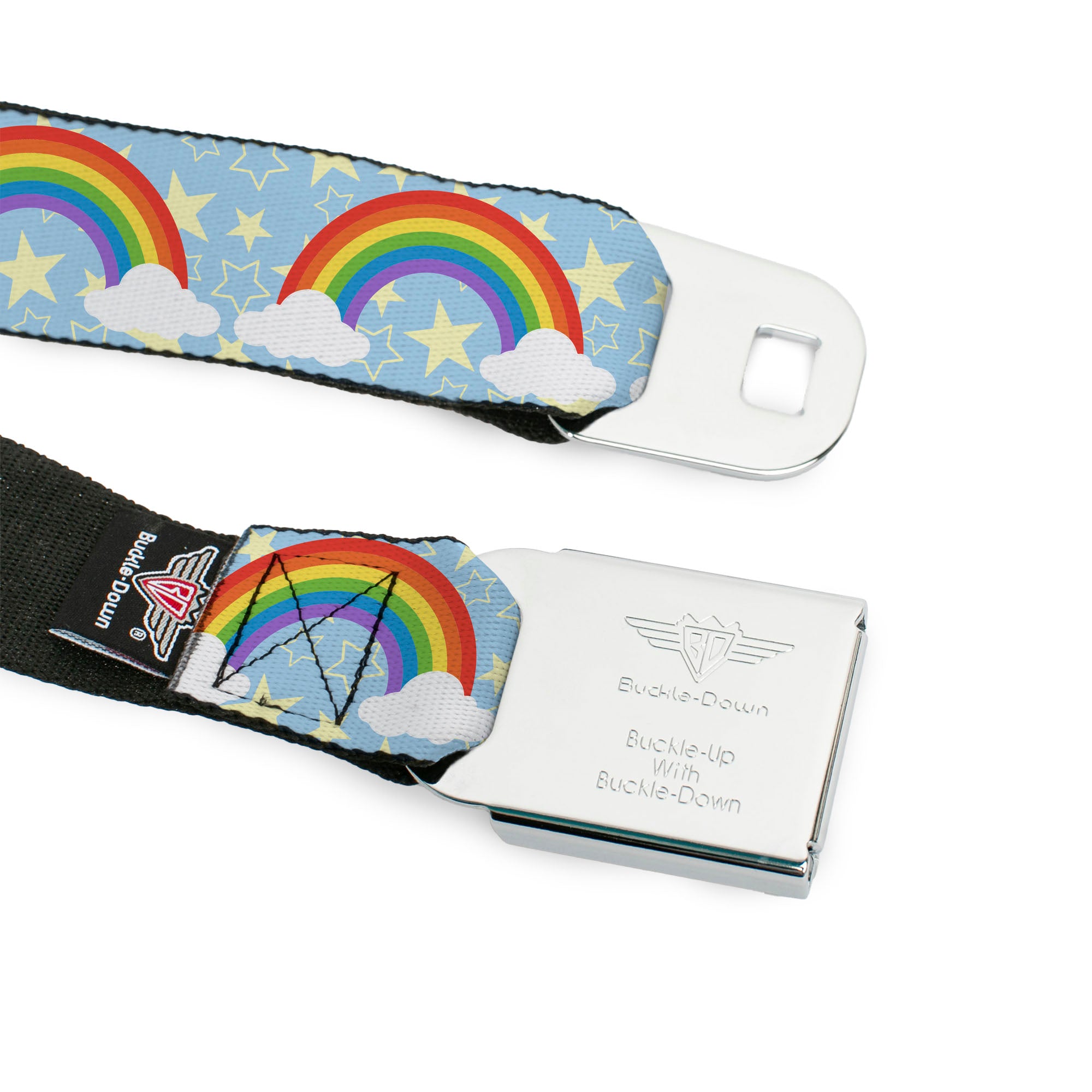 BD Wings Logo CLOSE-UP Full Color Black Silver Seatbelt Belt - Rainbows & Stars Light Blue/Yellow/Rainbow Webbing Seatbelt Belts Buckle-Down
