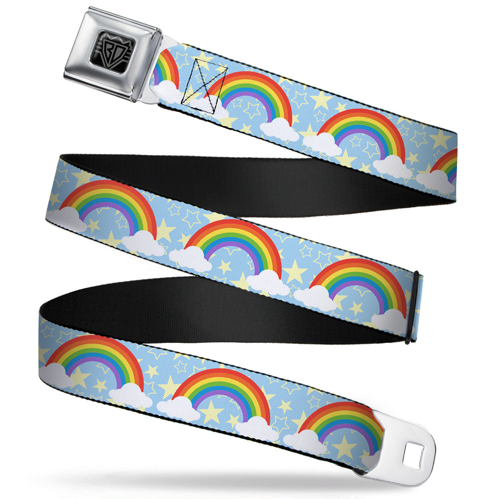 BD Wings Logo CLOSE-UP Full Color Black Silver Seatbelt Belt - Rainbows & Stars Light Blue/Yellow/Rainbow Webbing Seatbelt Belts Buckle-Down