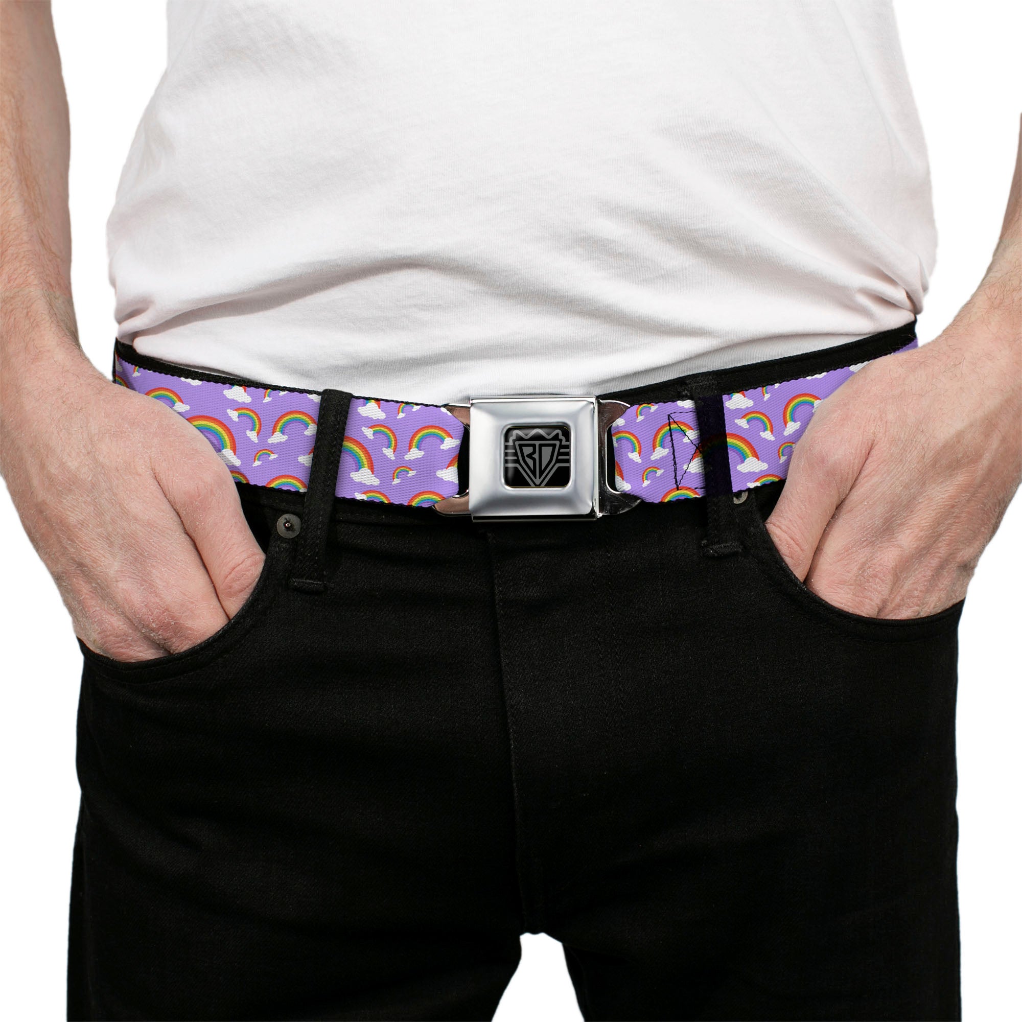 BD Wings Logo CLOSE-UP Full Color Black Silver Seatbelt Belt - Rainbows Scattered Lavender Webbing Seatbelt Belts Buckle-Down