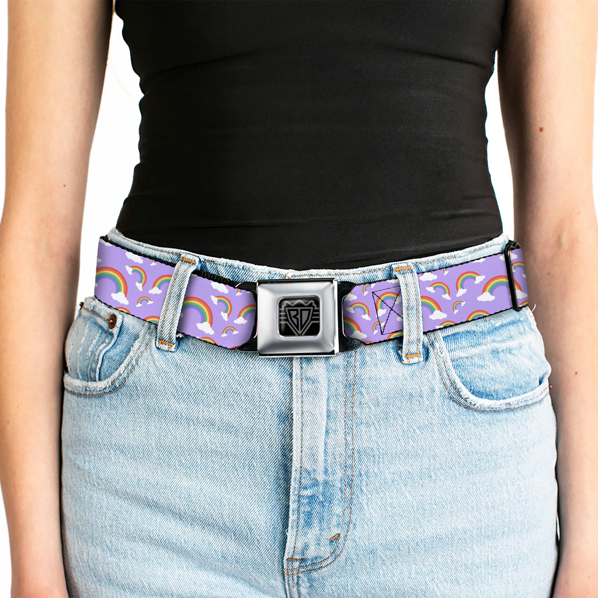 BD Wings Logo CLOSE-UP Full Color Black Silver Seatbelt Belt - Rainbows Scattered Lavender Webbing Seatbelt Belts Buckle-Down