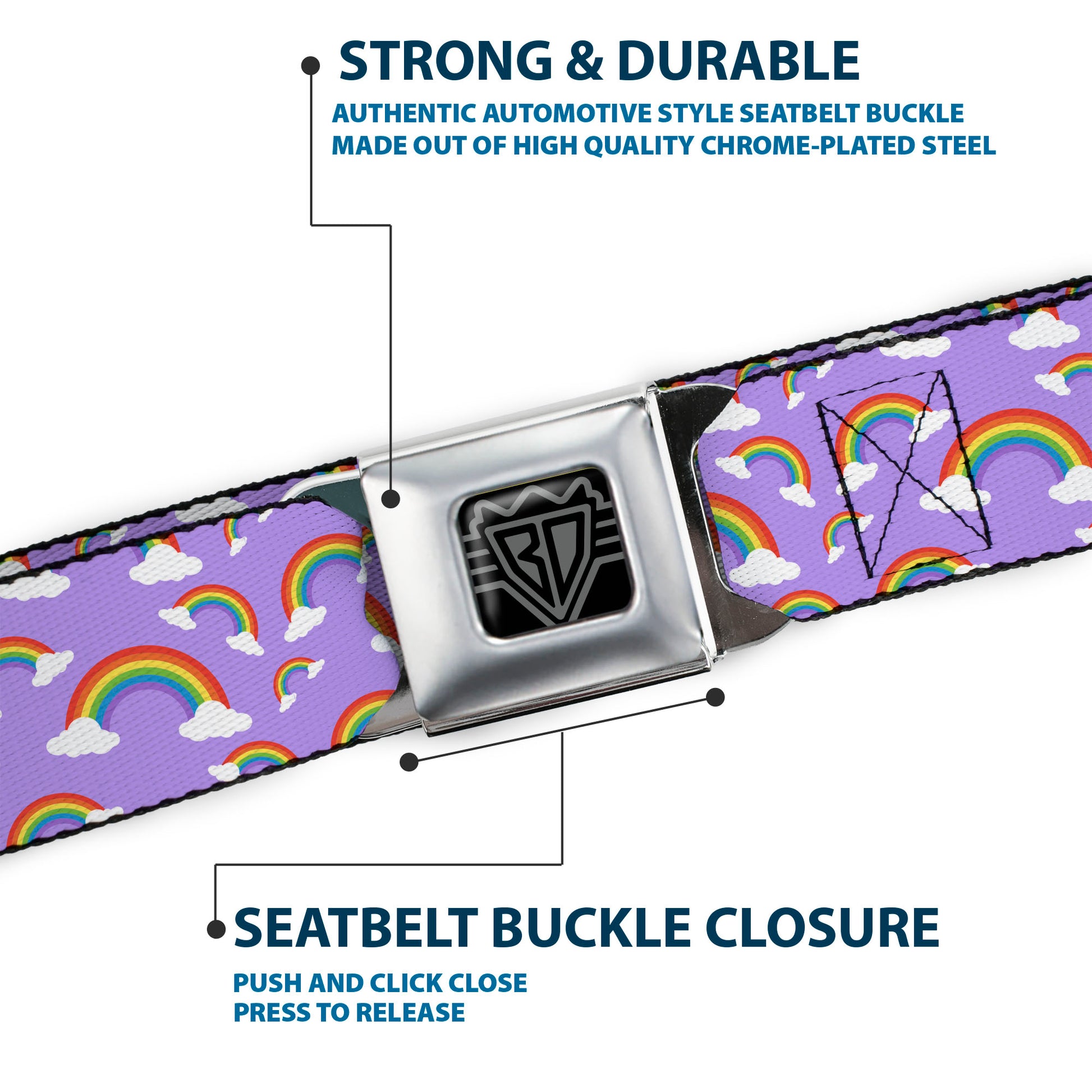 BD Wings Logo CLOSE-UP Full Color Black Silver Seatbelt Belt - Rainbows Scattered Lavender Webbing Seatbelt Belts Buckle-Down