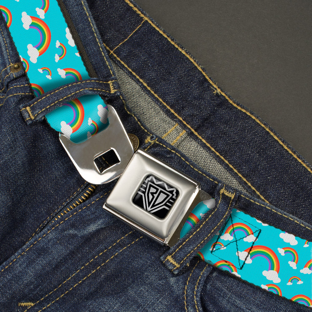 BD Wings Logo CLOSE-UP Full Color Black Silver Seatbelt Belt - Rainbows Scattered Blue Webbing Seatbelt Belts Buckle-Down