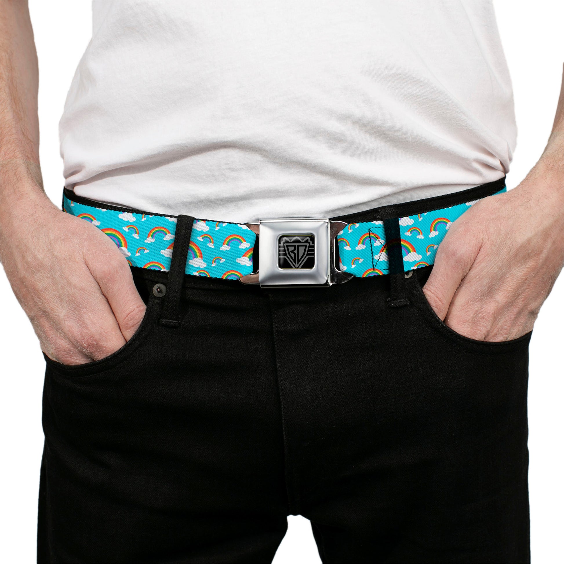 BD Wings Logo CLOSE-UP Full Color Black Silver Seatbelt Belt - Rainbows Scattered Blue Webbing Seatbelt Belts Buckle-Down
