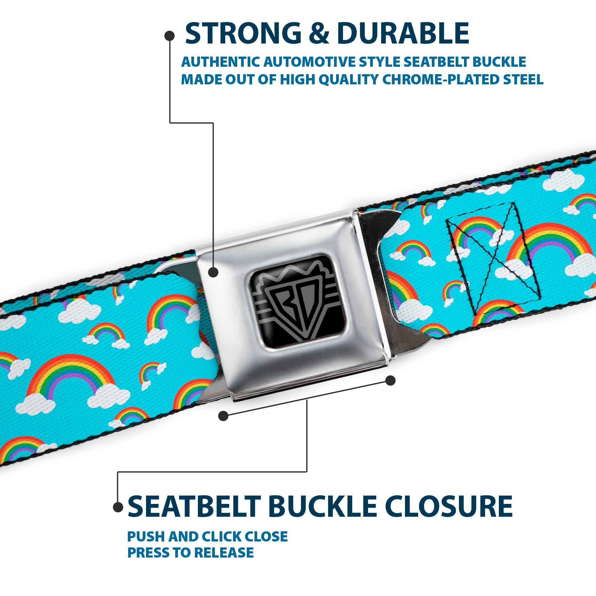 BD Wings Logo CLOSE-UP Full Color Black Silver Seatbelt Belt - Rainbows Scattered Blue Webbing Seatbelt Belts Buckle-Down