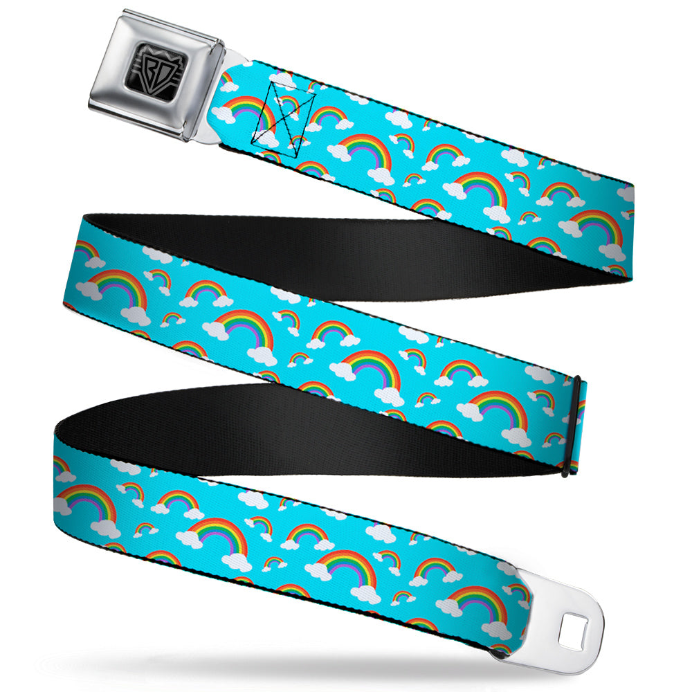 BD Wings Logo CLOSE-UP Full Color Black Silver Seatbelt Belt - Rainbows Scattered Blue Webbing Seatbelt Belts Buckle-Down