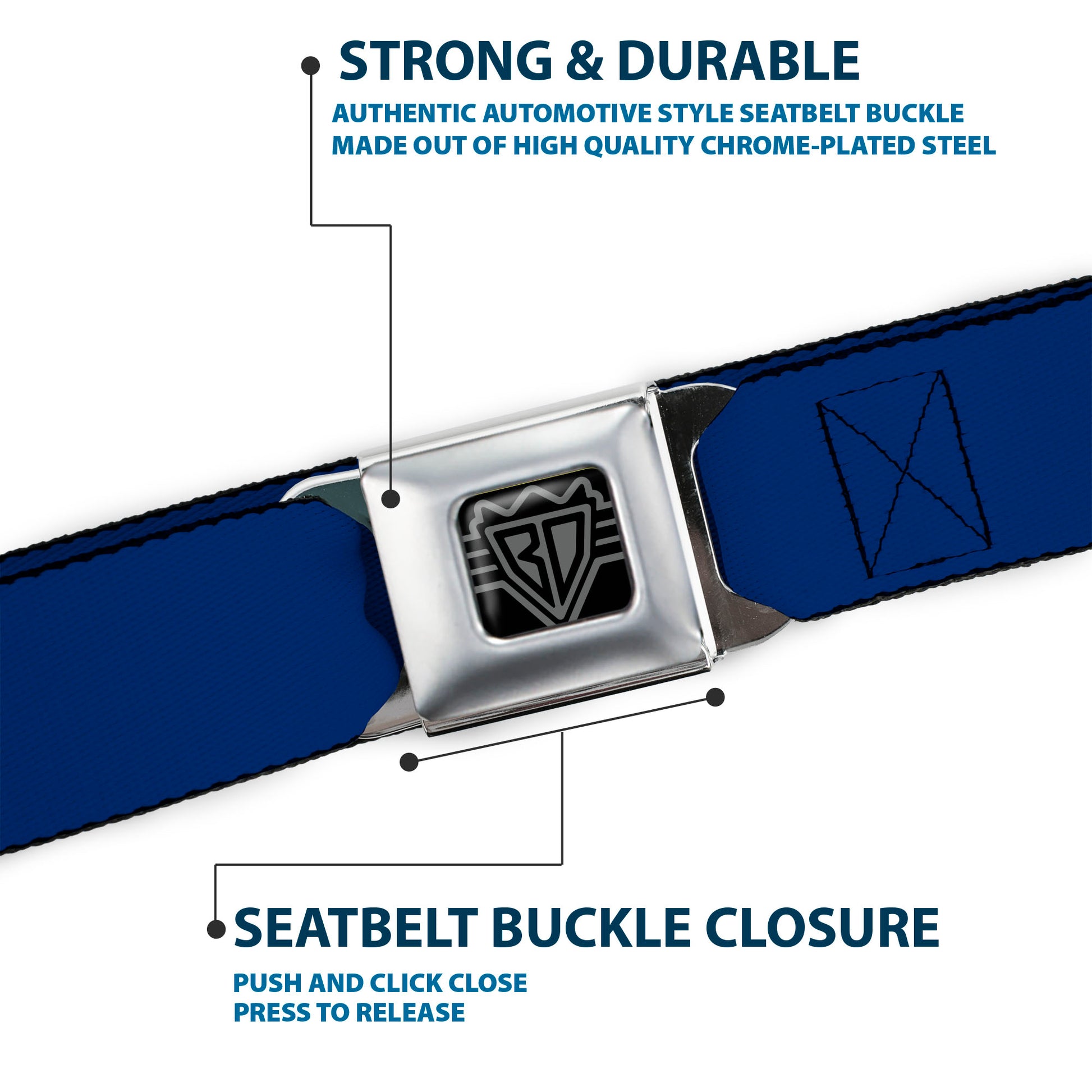 BD Wings Logo CLOSE-UP Full Color Black Silver Seatbelt Belt - Royal Blue Print Webbing Seatbelt Belts Buckle-Down