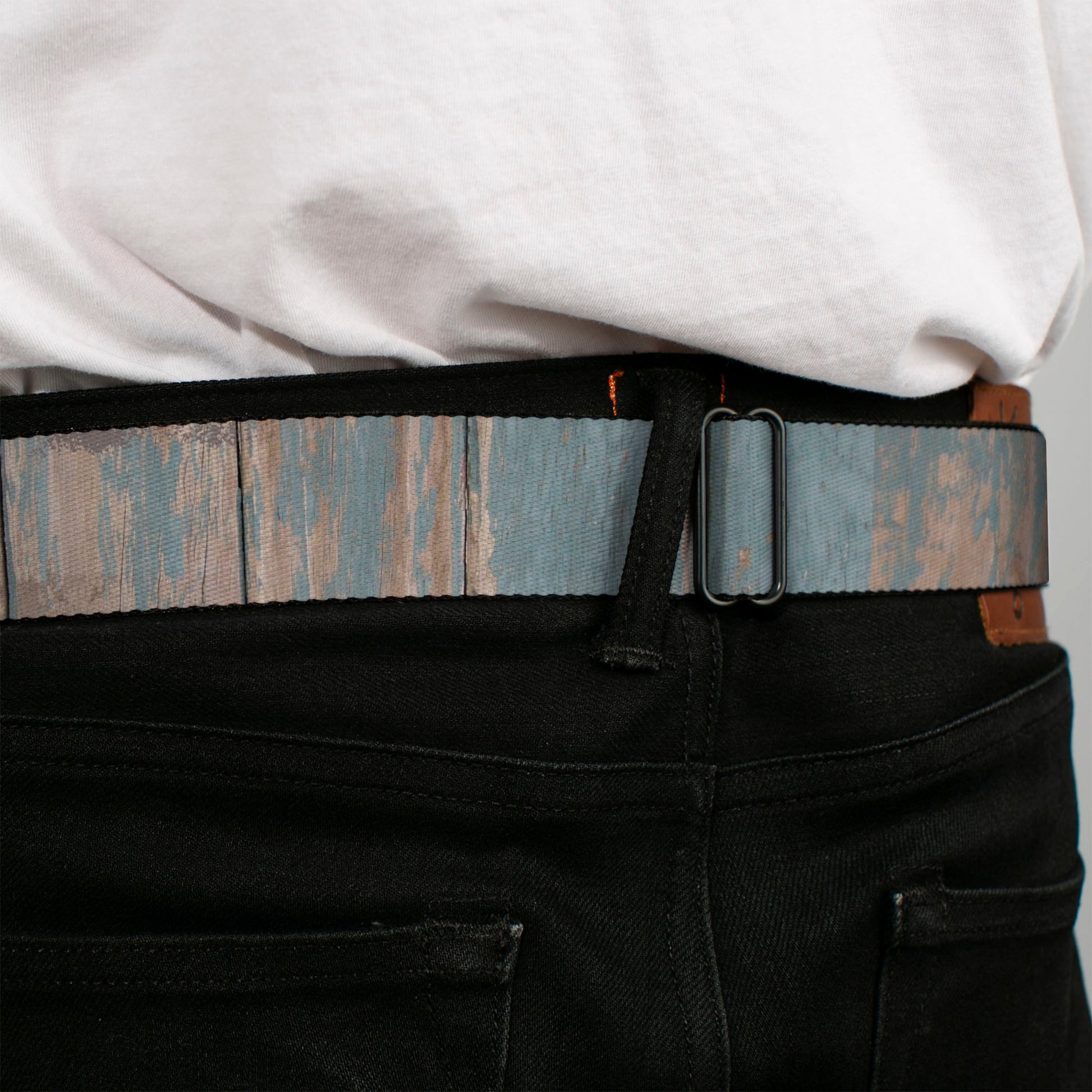 BD Wings Logo CLOSE-UP Full Color Black Silver Seatbelt Belt - Rustic Reclaimed Wood Panels Webbing Seatbelt Belts Buckle-Down