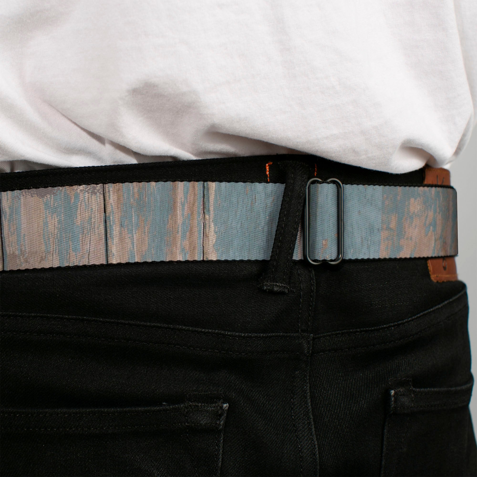BD Wings Logo CLOSE-UP Full Color Black Silver Seatbelt Belt - Rustic Reclaimed Wood Panels Webbing Seatbelt Belts Buckle-Down
