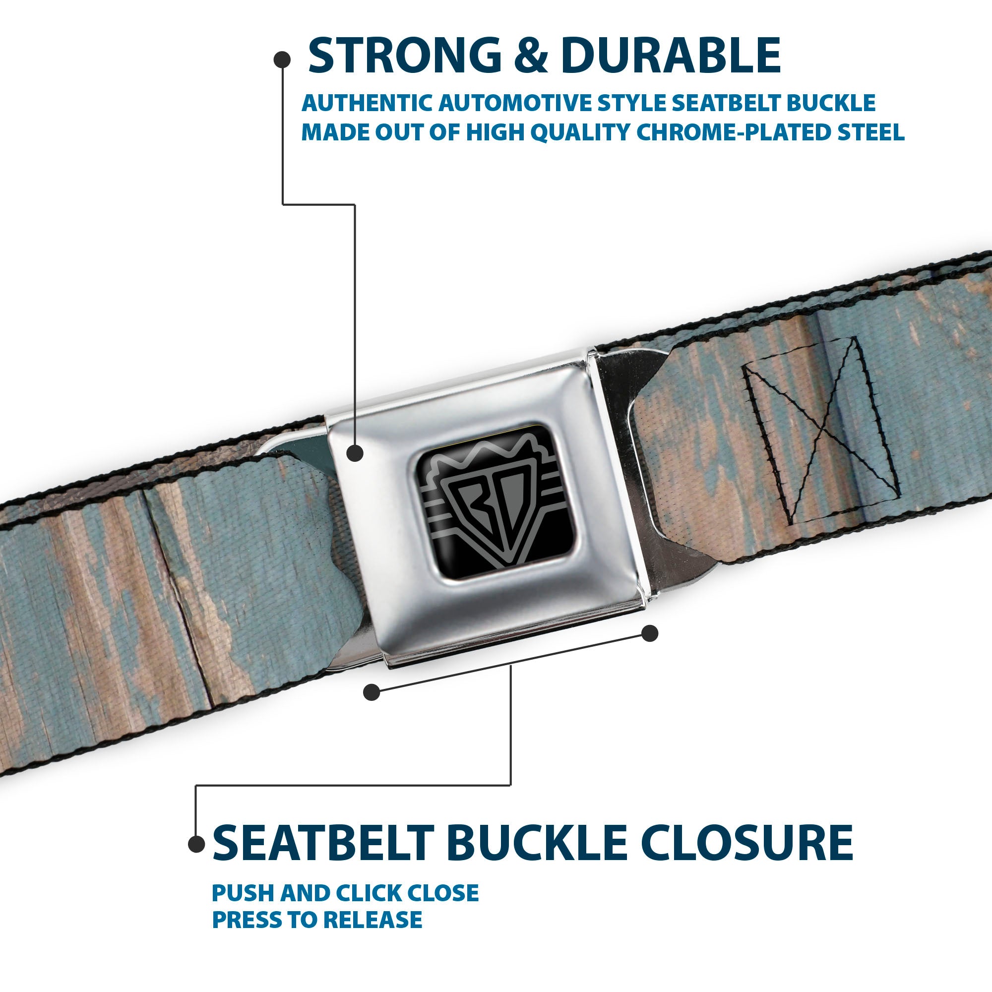 BD Wings Logo CLOSE-UP Full Color Black Silver Seatbelt Belt - Rustic Reclaimed Wood Panels Webbing Seatbelt Belts Buckle-Down