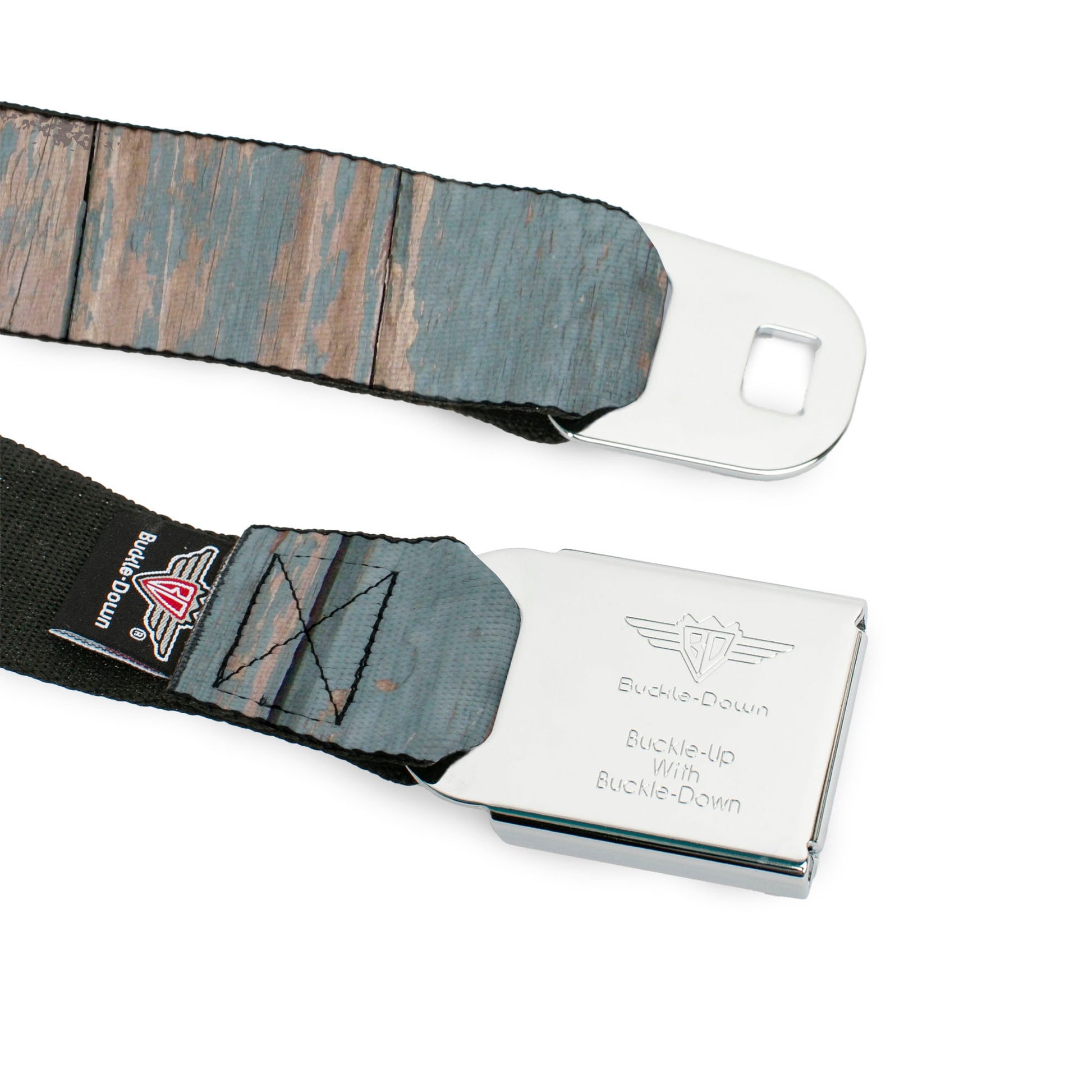 BD Wings Logo CLOSE-UP Full Color Black Silver Seatbelt Belt - Rustic Reclaimed Wood Panels Webbing Seatbelt Belts Buckle-Down