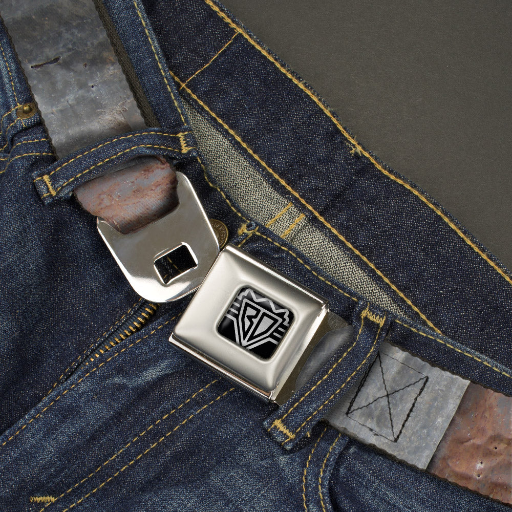 BD Wings Logo CLOSE-UP Full Color Black Silver Seatbelt Belt - Rustic Rusted Panels Webbing Seatbelt Belts Buckle-Down