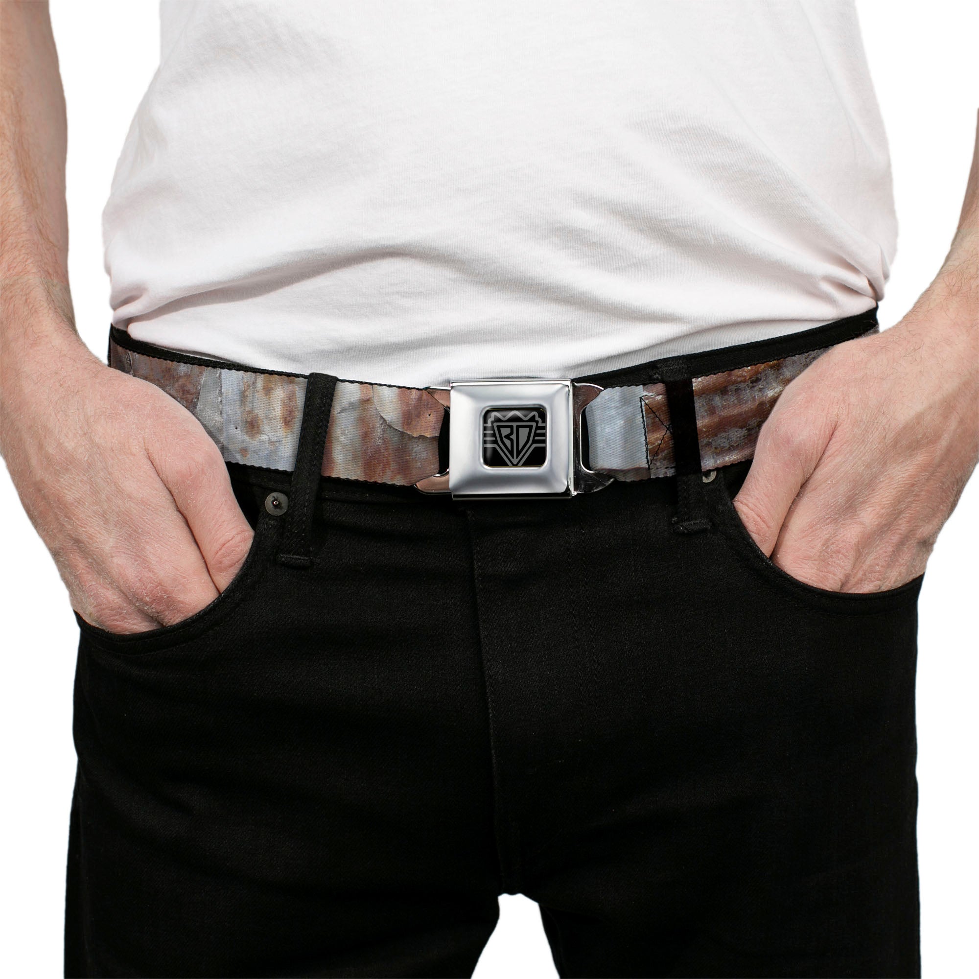 BD Wings Logo CLOSE-UP Full Color Black Silver Seatbelt Belt - Rustic Rusted Panels Webbing Seatbelt Belts Buckle-Down