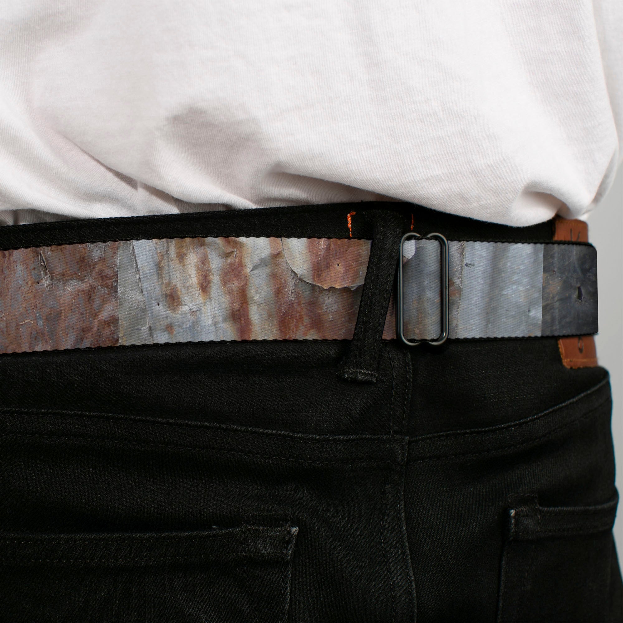 BD Wings Logo CLOSE-UP Full Color Black Silver Seatbelt Belt - Rustic Rusted Panels Webbing Seatbelt Belts Buckle-Down