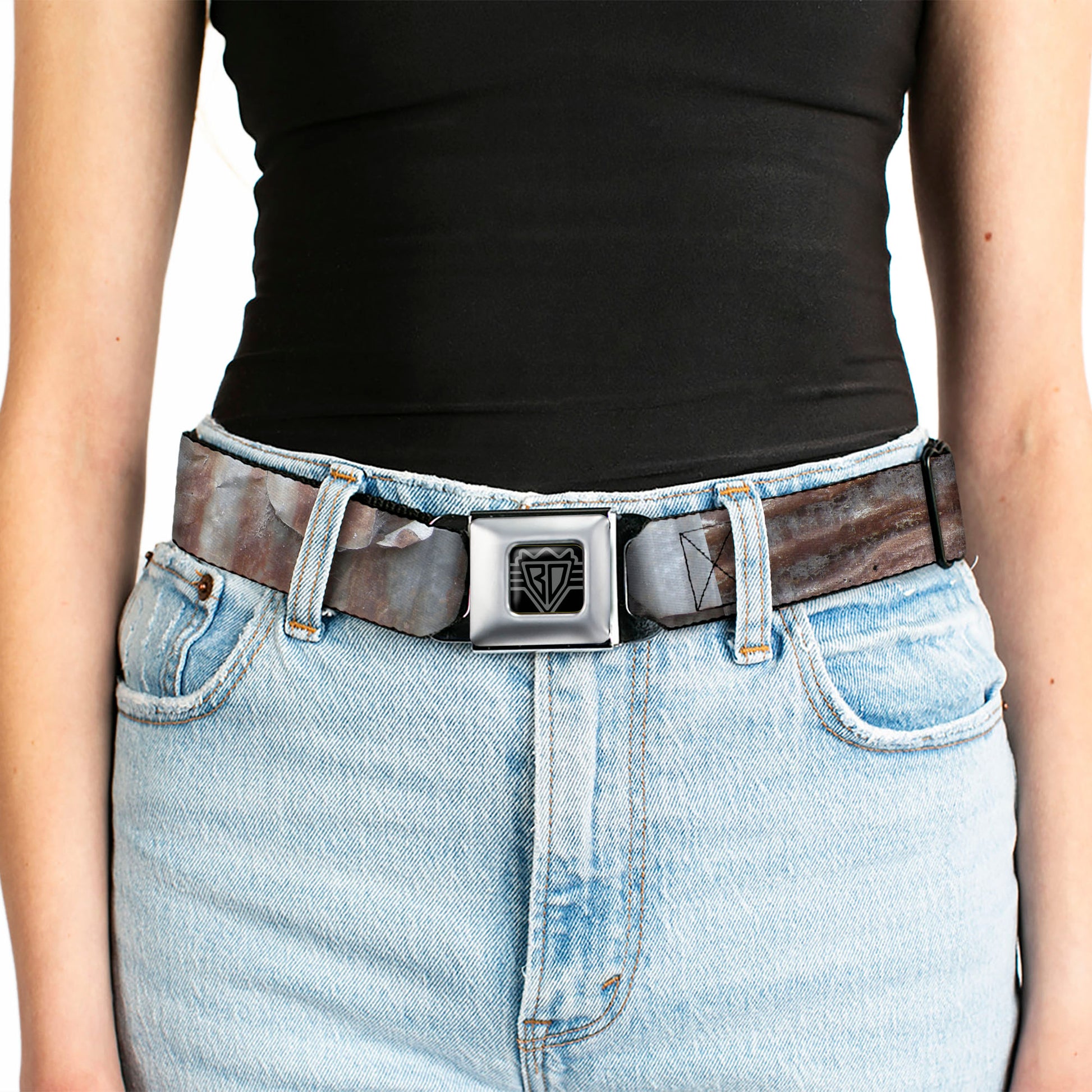 BD Wings Logo CLOSE-UP Full Color Black Silver Seatbelt Belt - Rustic Rusted Panels Webbing Seatbelt Belts Buckle-Down
