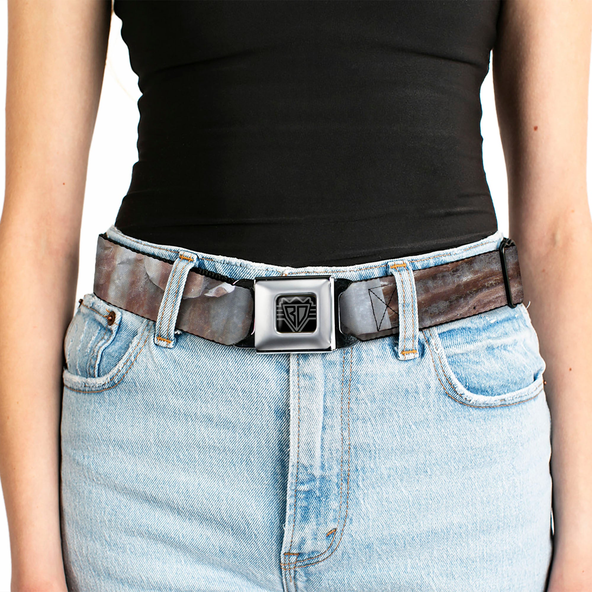 BD Wings Logo CLOSE-UP Full Color Black Silver Seatbelt Belt - Rustic Rusted Panels Webbing Seatbelt Belts Buckle-Down