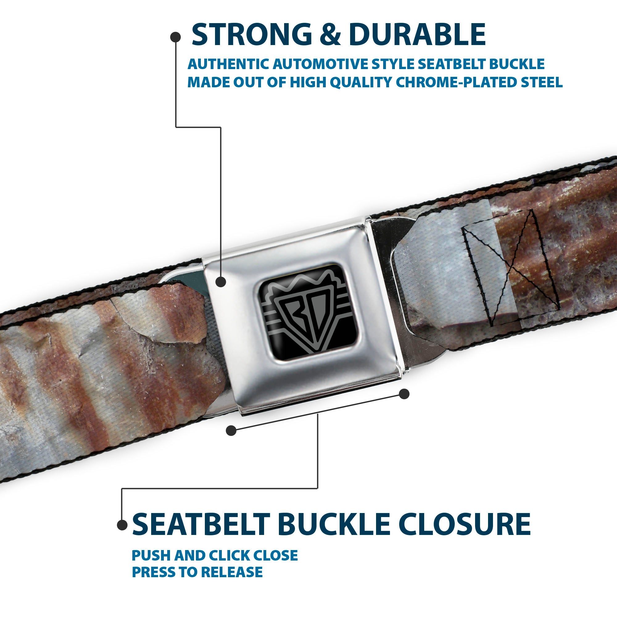 BD Wings Logo CLOSE-UP Full Color Black Silver Seatbelt Belt - Rustic Rusted Panels Webbing Seatbelt Belts Buckle-Down