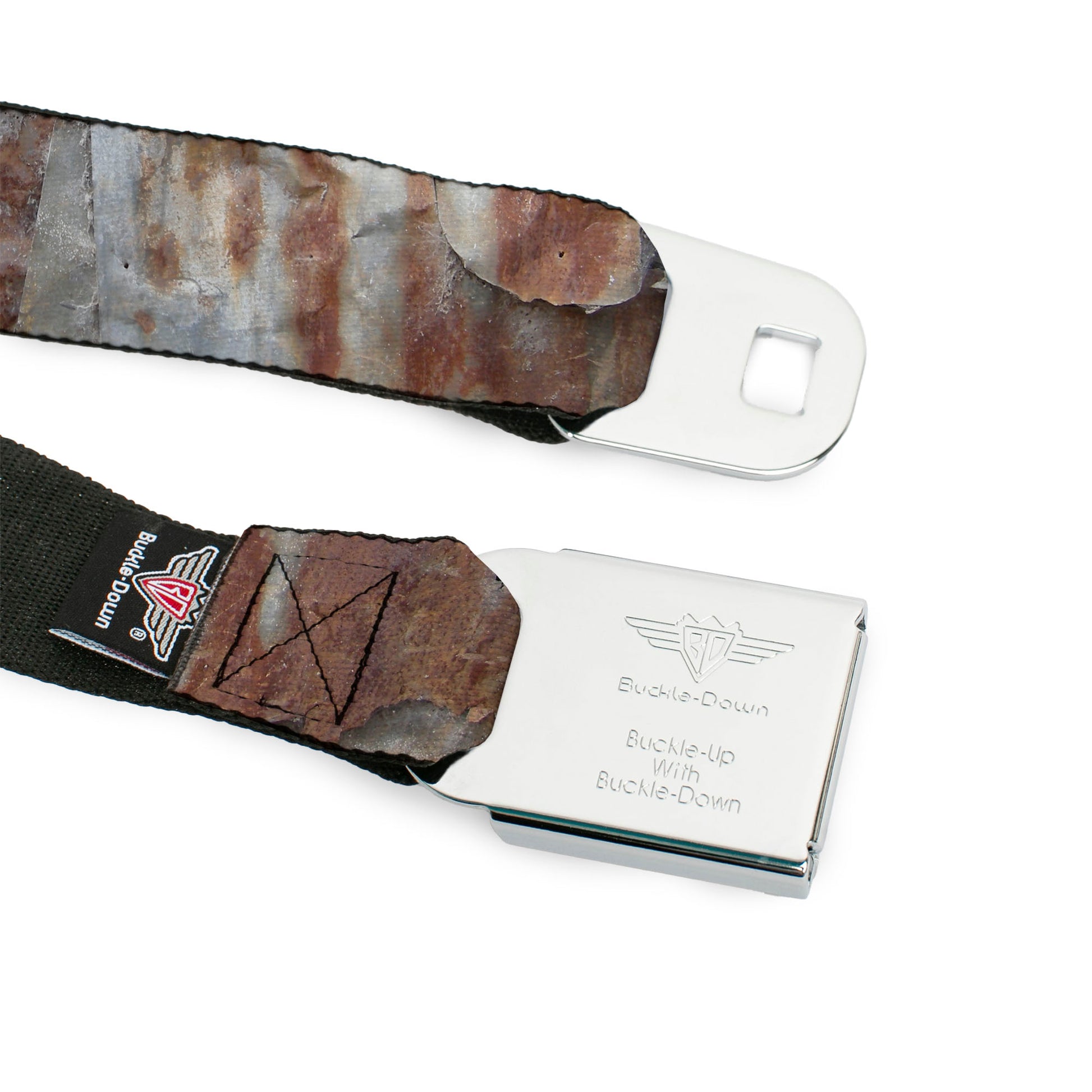 BD Wings Logo CLOSE-UP Full Color Black Silver Seatbelt Belt - Rustic Rusted Panels Webbing Seatbelt Belts Buckle-Down