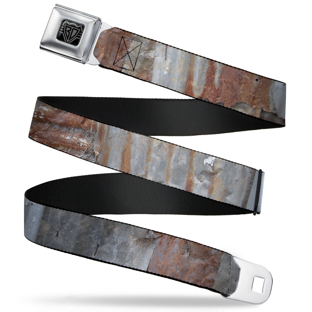 BD Wings Logo CLOSE-UP Full Color Black Silver Seatbelt Belt - Rustic Rusted Panels Webbing Seatbelt Belts Buckle-Down