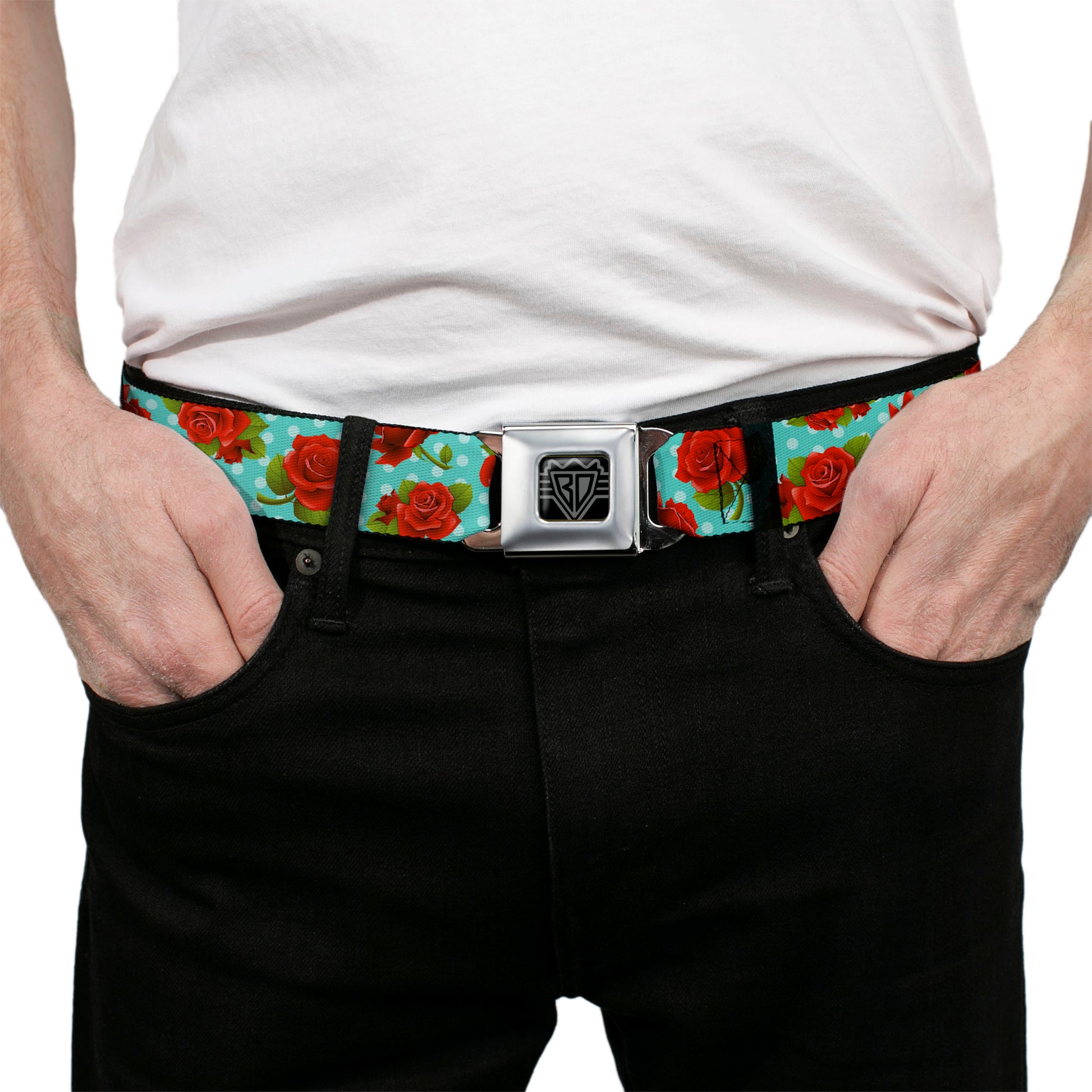 BD Wings Logo CLOSE-UP Black/Silver Seatbelt Belt - Roses & Leaves Scattered/Polka Dot Black/White Webbing Seatbelt Belts Buckle-Down