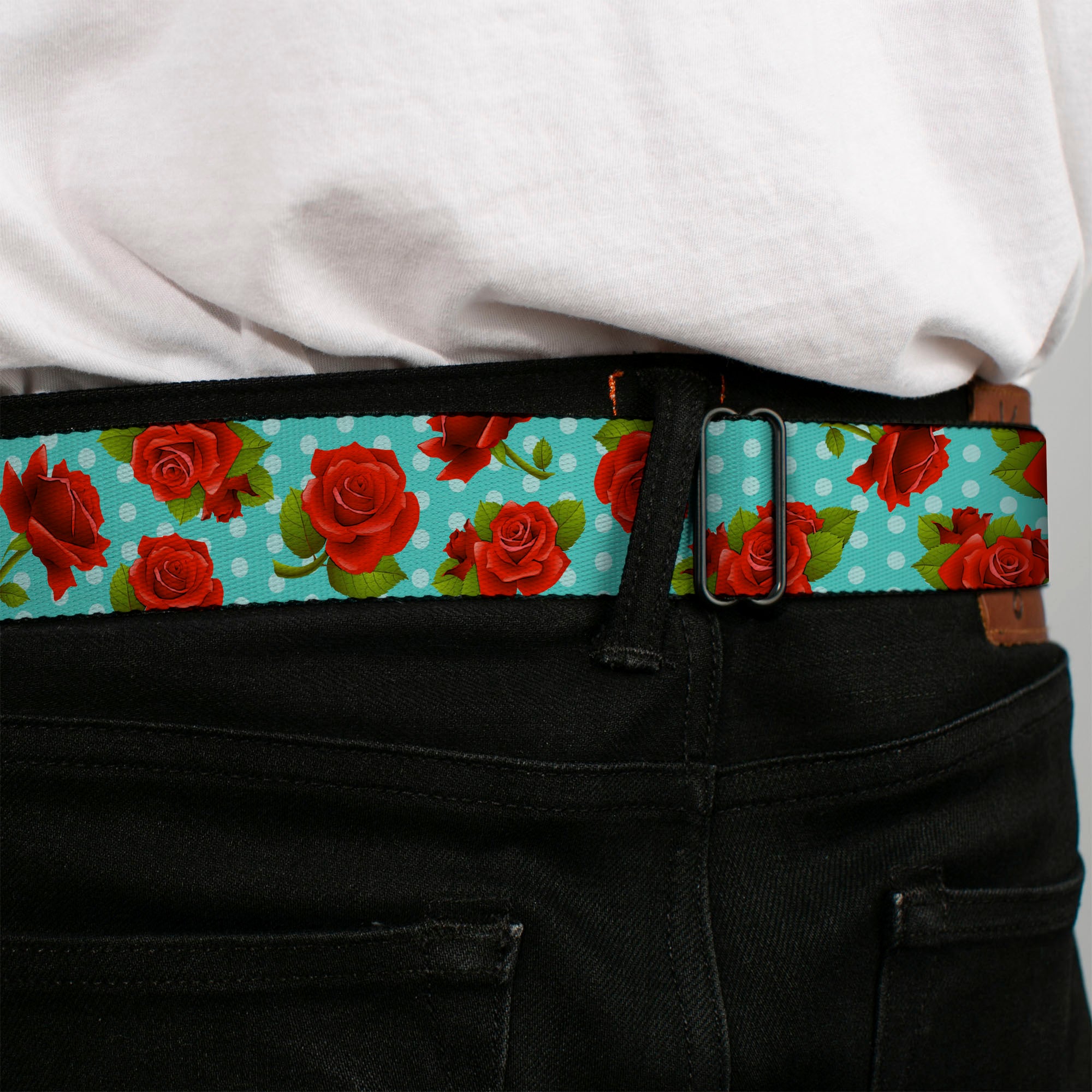 BD Wings Logo CLOSE-UP Black/Silver Seatbelt Belt - Roses & Leaves Scattered/Polka Dot Black/White Webbing Seatbelt Belts Buckle-Down