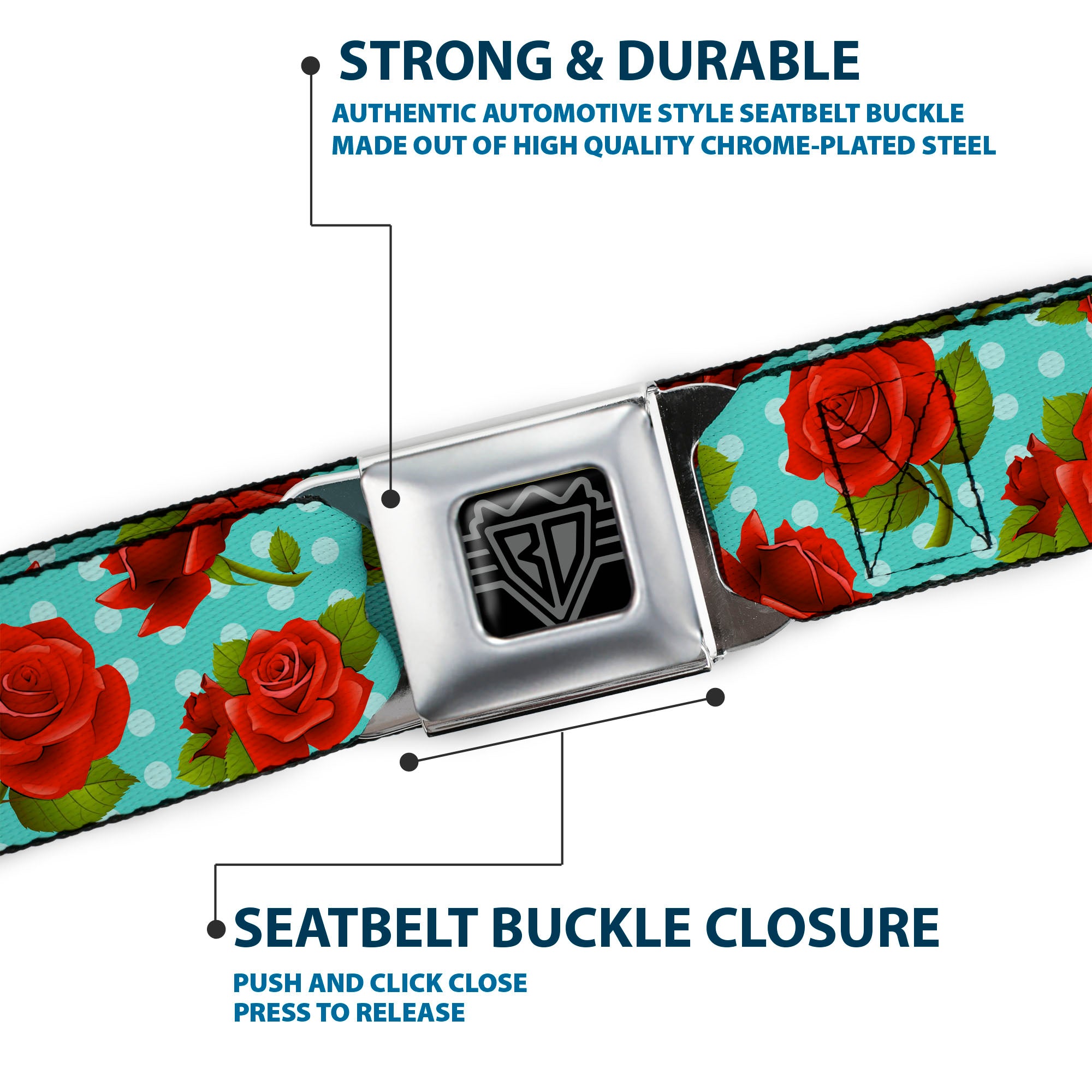 BD Wings Logo CLOSE-UP Black/Silver Seatbelt Belt - Roses & Leaves Scattered/Polka Dot Black/White Webbing Seatbelt Belts Buckle-Down