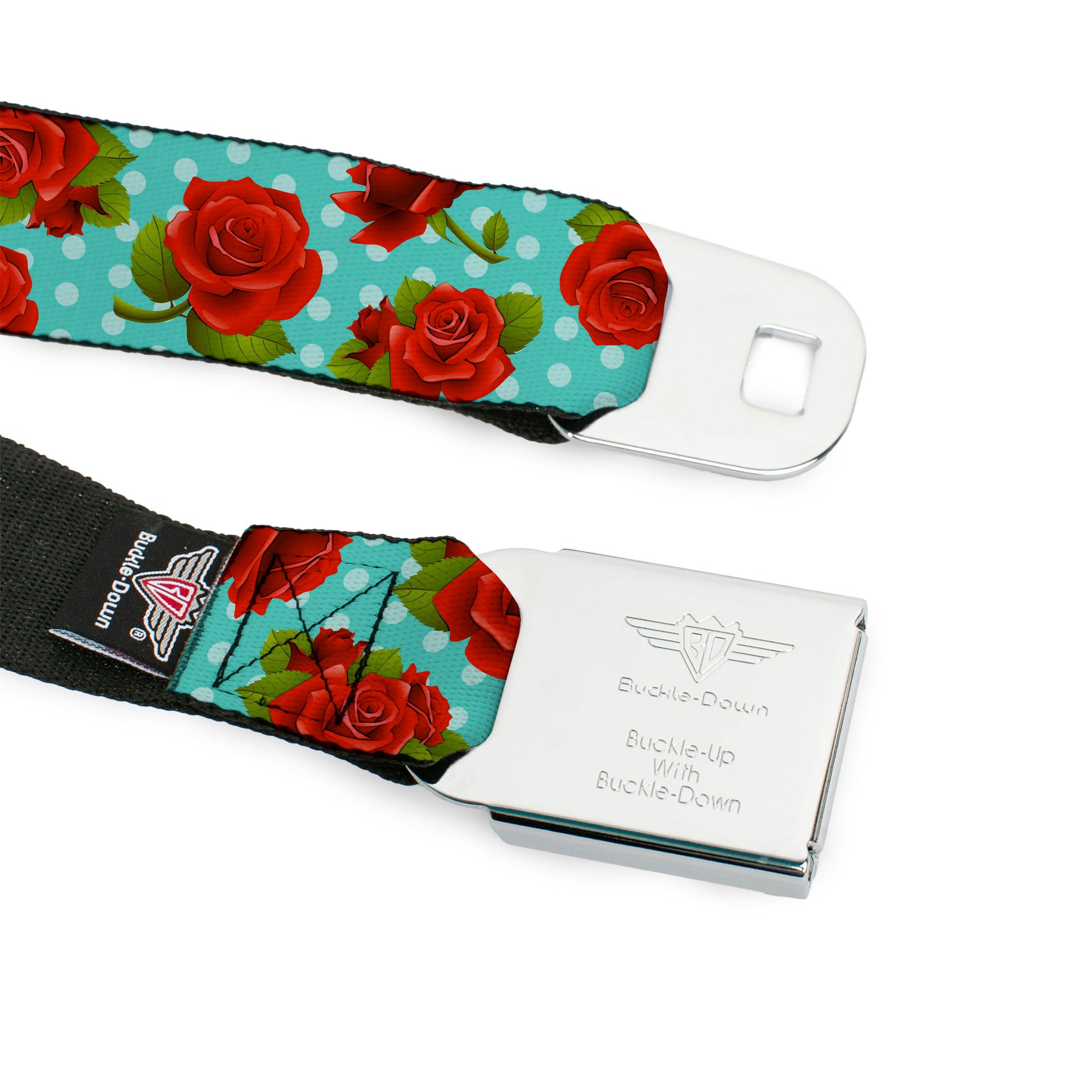 BD Wings Logo CLOSE-UP Black/Silver Seatbelt Belt - Roses & Leaves Scattered/Polka Dot Black/White Webbing Seatbelt Belts Buckle-Down