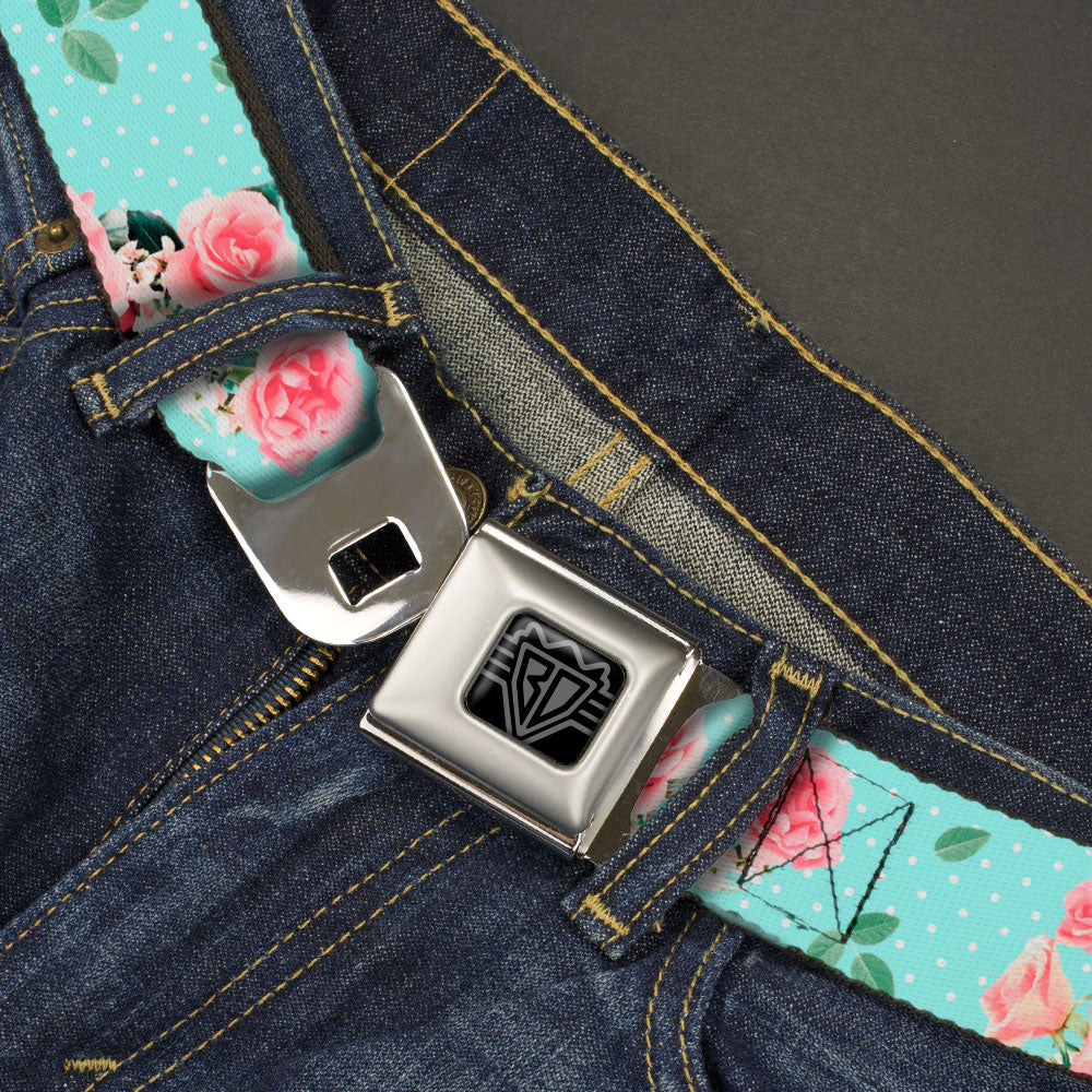 BD Wings Logo CLOSE-UP Black/Silver Seatbelt Belt - Roses & Leaves Scattered/Polka Dot Aqua/White Webbing Seatbelt Belts Buckle-Down