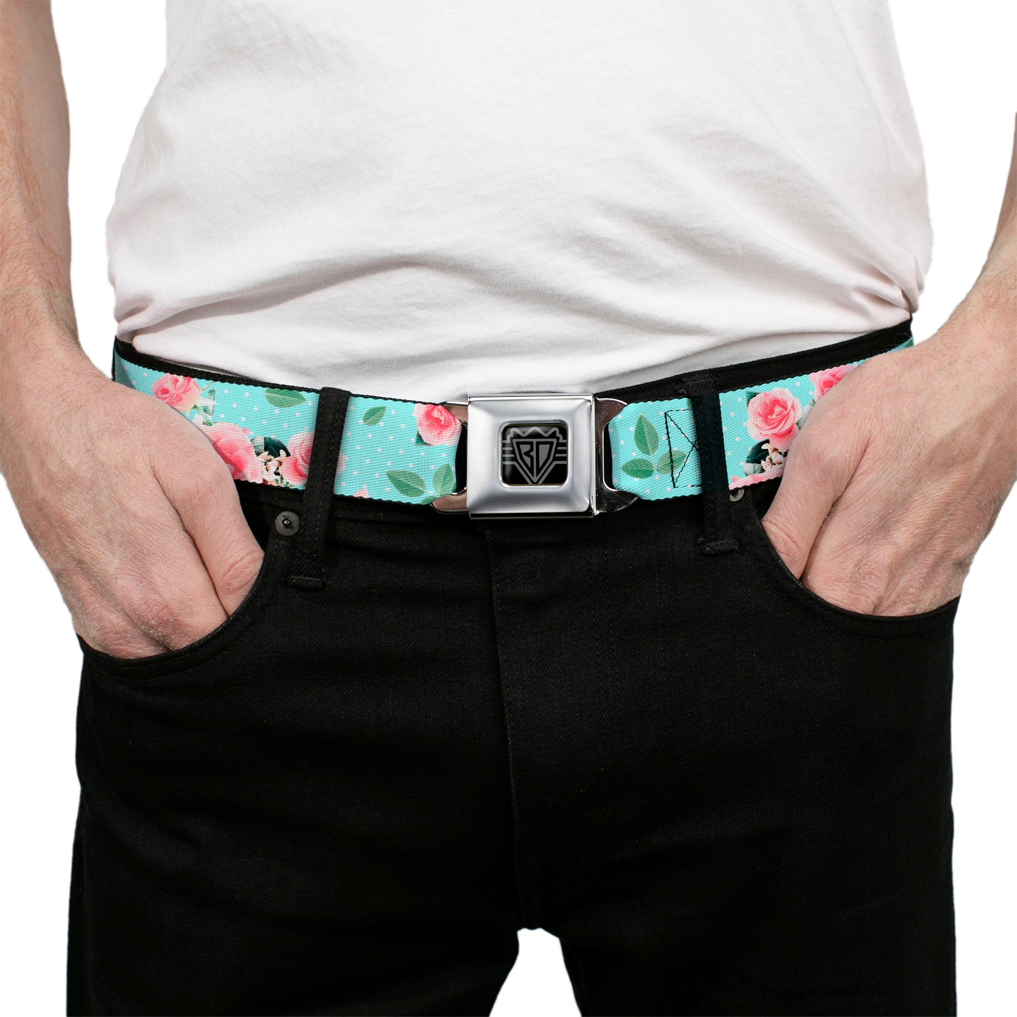BD Wings Logo CLOSE-UP Black/Silver Seatbelt Belt - Roses & Leaves Scattered/Polka Dot Aqua/White Webbing Seatbelt Belts Buckle-Down
