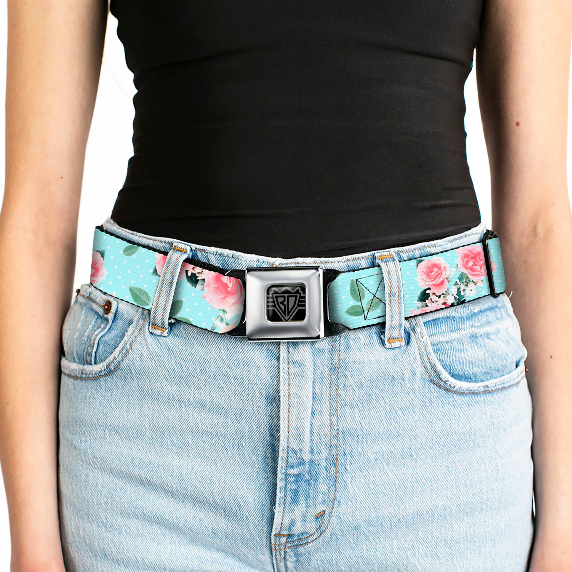 BD Wings Logo CLOSE-UP Black/Silver Seatbelt Belt - Roses & Leaves Scattered/Polka Dot Aqua/White Webbing Seatbelt Belts Buckle-Down