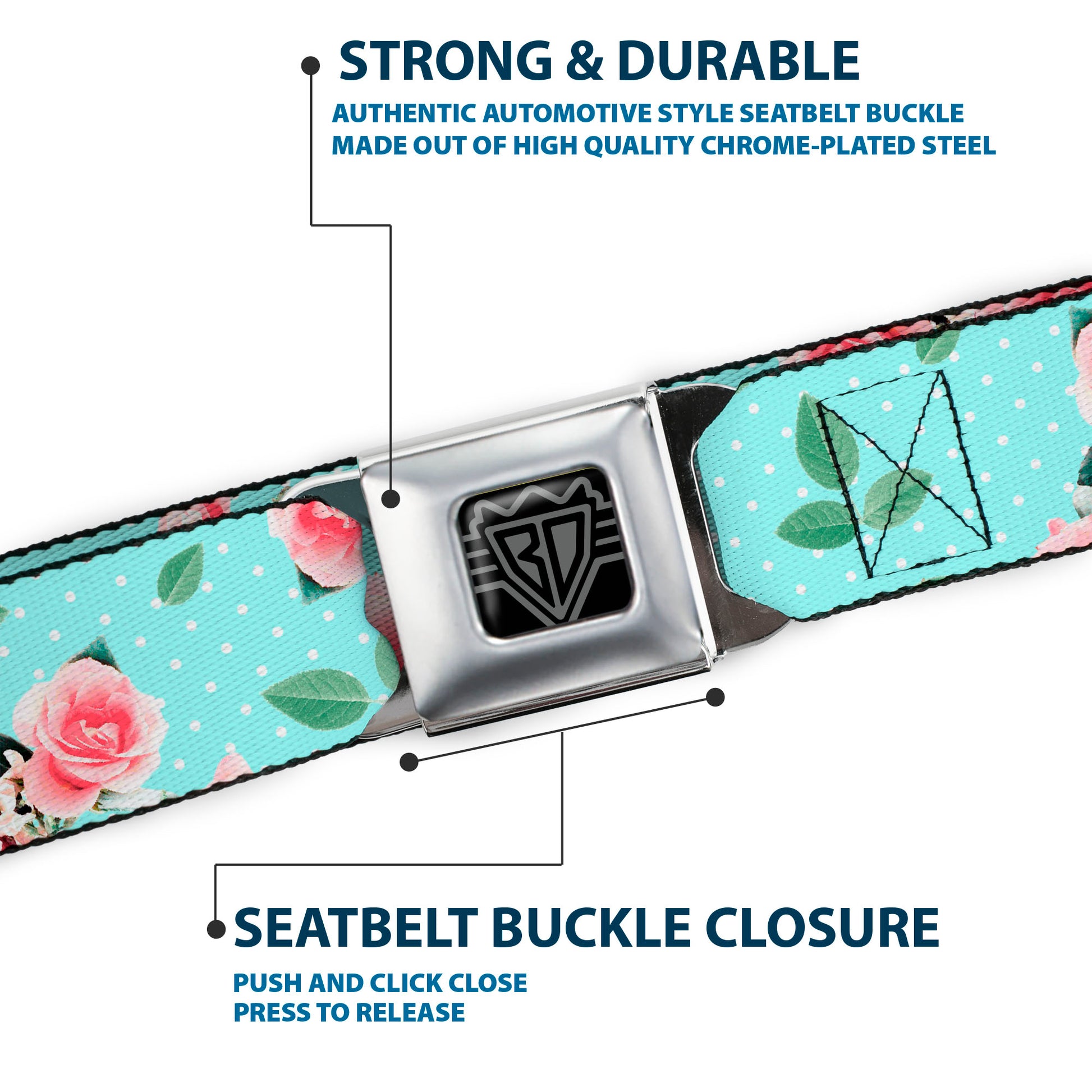 BD Wings Logo CLOSE-UP Black/Silver Seatbelt Belt - Roses & Leaves Scattered/Polka Dot Aqua/White Webbing Seatbelt Belts Buckle-Down