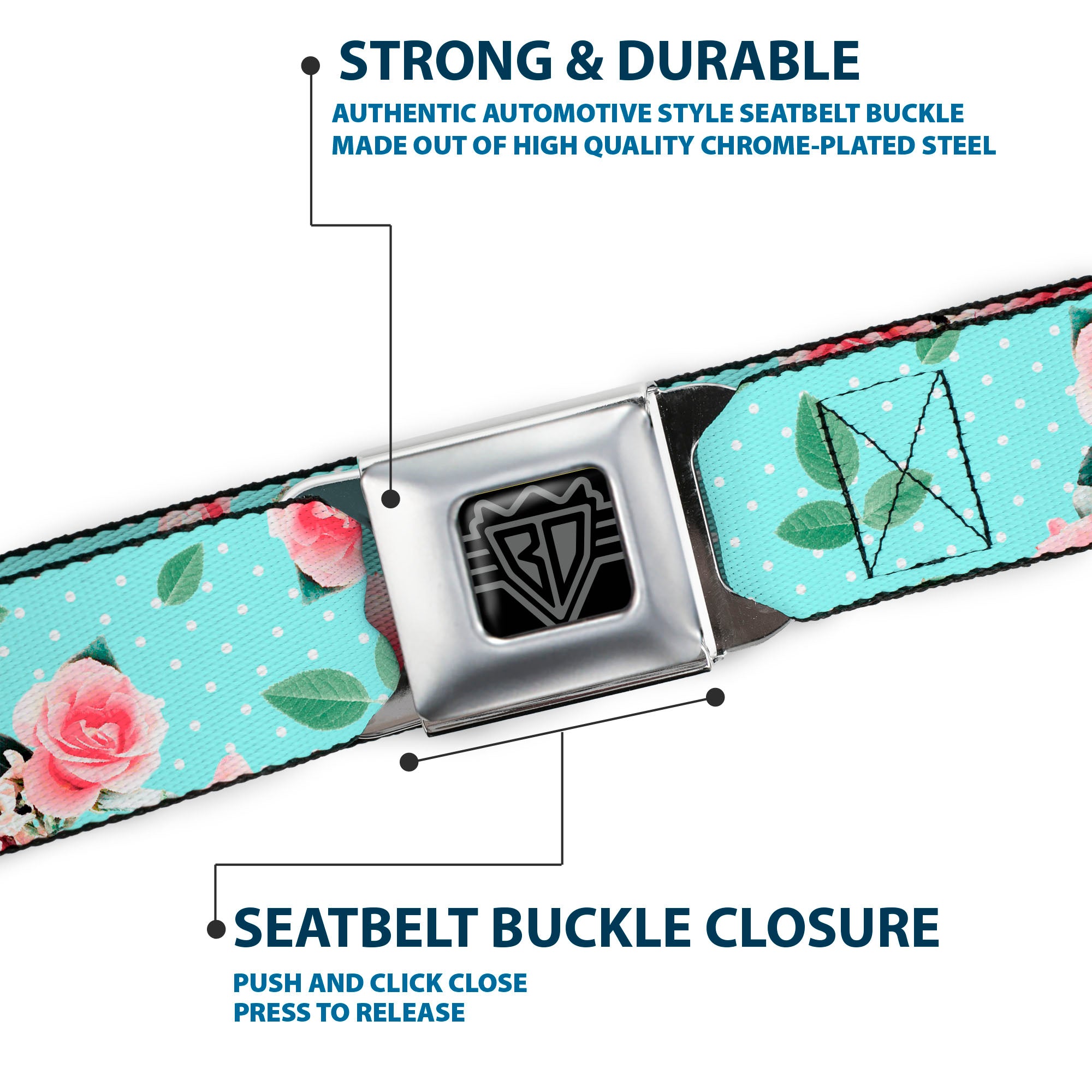 BD Wings Logo CLOSE-UP Black/Silver Seatbelt Belt - Roses & Leaves Scattered/Polka Dot Aqua/White Webbing Seatbelt Belts Buckle-Down