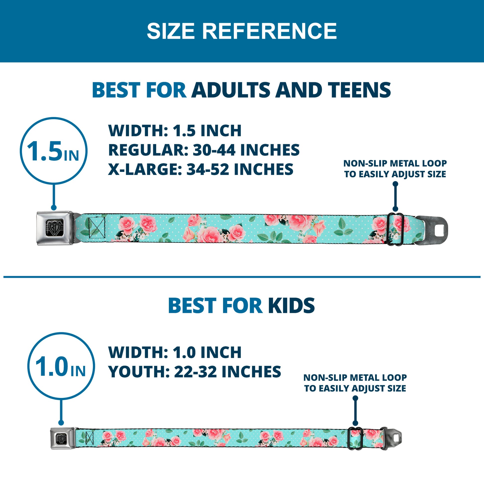 BD Wings Logo CLOSE-UP Black/Silver Seatbelt Belt - Roses & Leaves Scattered/Polka Dot Aqua/White Webbing Seatbelt Belts Buckle-Down