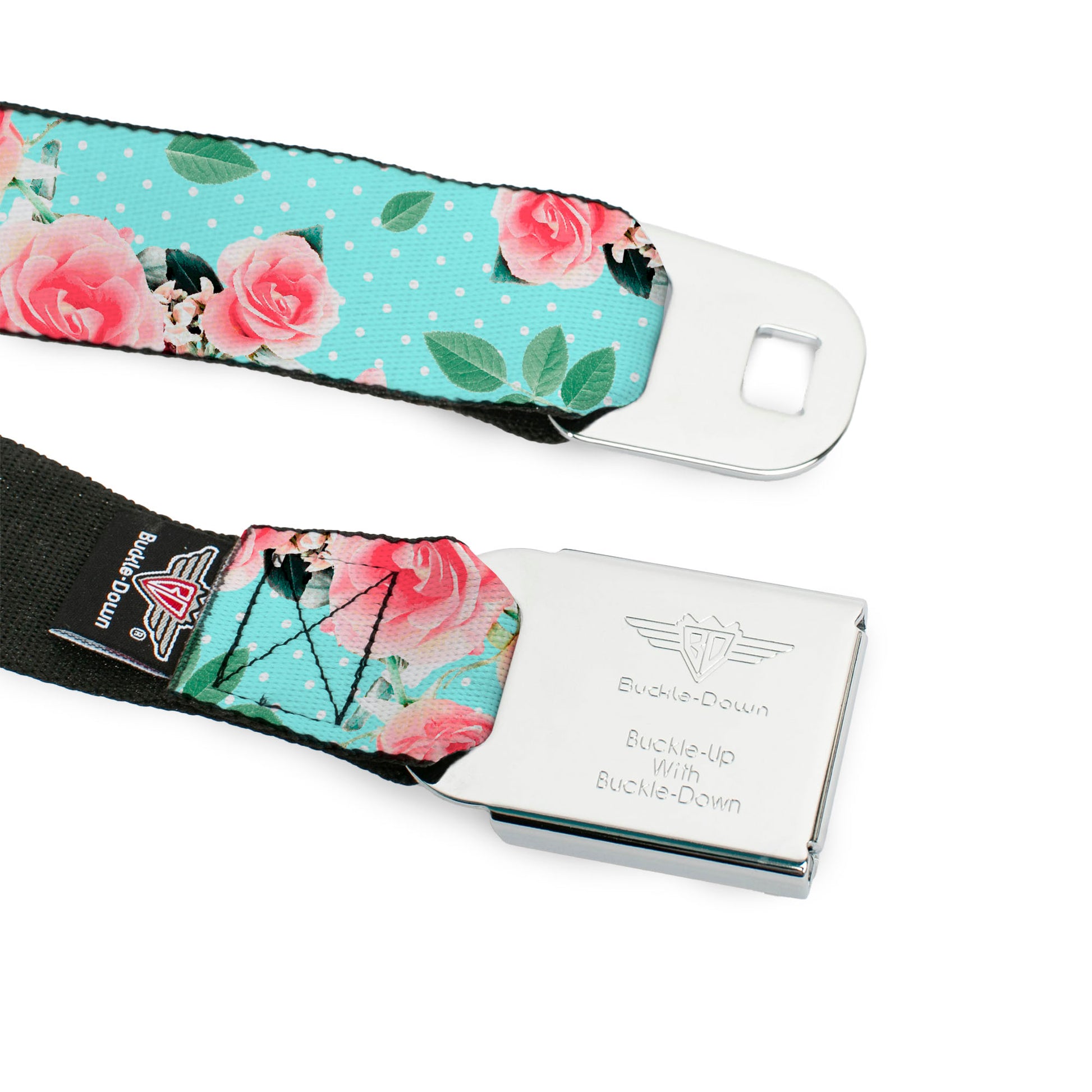 BD Wings Logo CLOSE-UP Black/Silver Seatbelt Belt - Roses & Leaves Scattered/Polka Dot Aqua/White Webbing Seatbelt Belts Buckle-Down