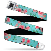 BD Wings Logo CLOSE-UP Black/Silver Seatbelt Belt - Roses & Leaves Scattered/Polka Dot Aqua/White Webbing Seatbelt Belts Buckle-Down