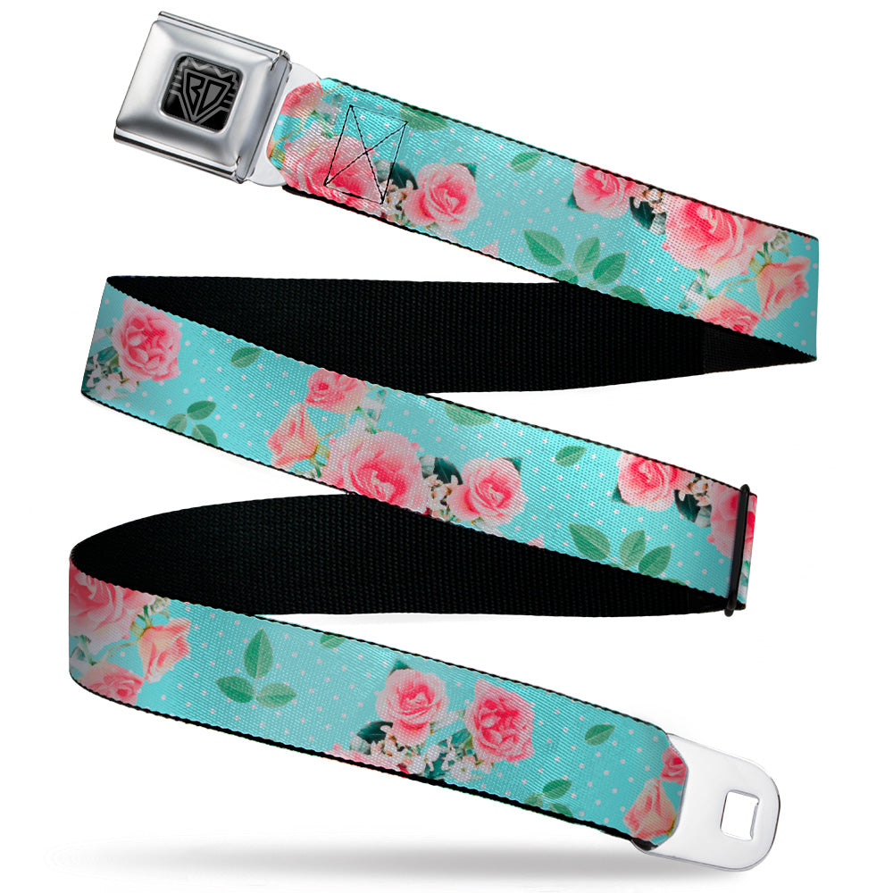 BD Wings Logo CLOSE-UP Black/Silver Seatbelt Belt - Roses & Leaves Scattered/Polka Dot Aqua/White Webbing Seatbelt Belts Buckle-Down