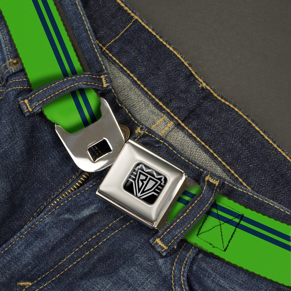 BD Wings Logo CLOSE-UP Full Color Black Silver Seatbelt Belt - Racing Stripe Bright Green/Navy Webbing Seatbelt Belts Buckle-Down
