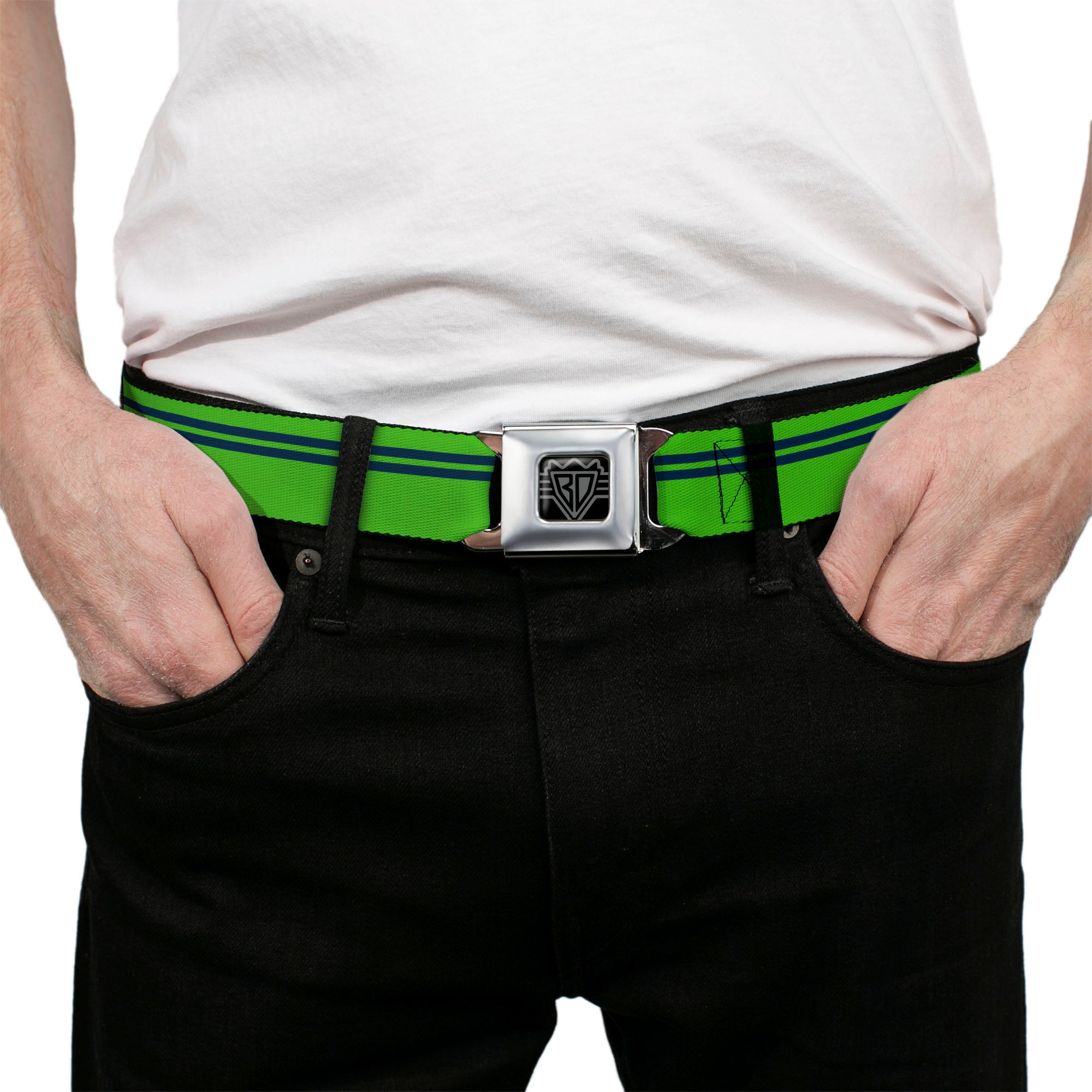 BD Wings Logo CLOSE-UP Full Color Black Silver Seatbelt Belt - Racing Stripe Bright Green/Navy Webbing Seatbelt Belts Buckle-Down