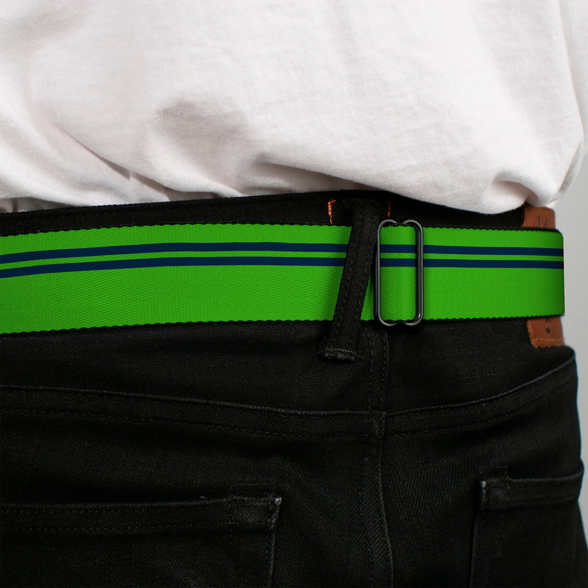 BD Wings Logo CLOSE-UP Full Color Black Silver Seatbelt Belt - Racing Stripe Bright Green/Navy Webbing Seatbelt Belts Buckle-Down
