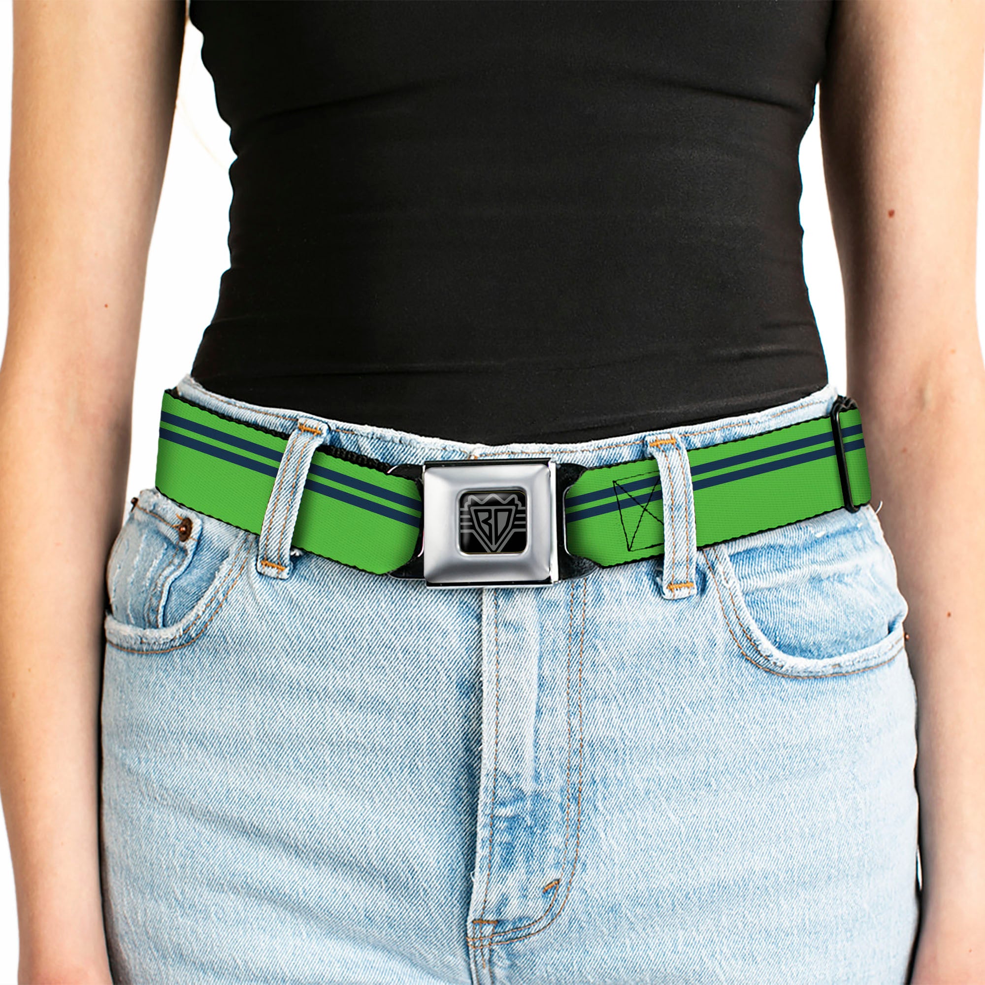 BD Wings Logo CLOSE-UP Full Color Black Silver Seatbelt Belt - Racing Stripe Bright Green/Navy Webbing Seatbelt Belts Buckle-Down