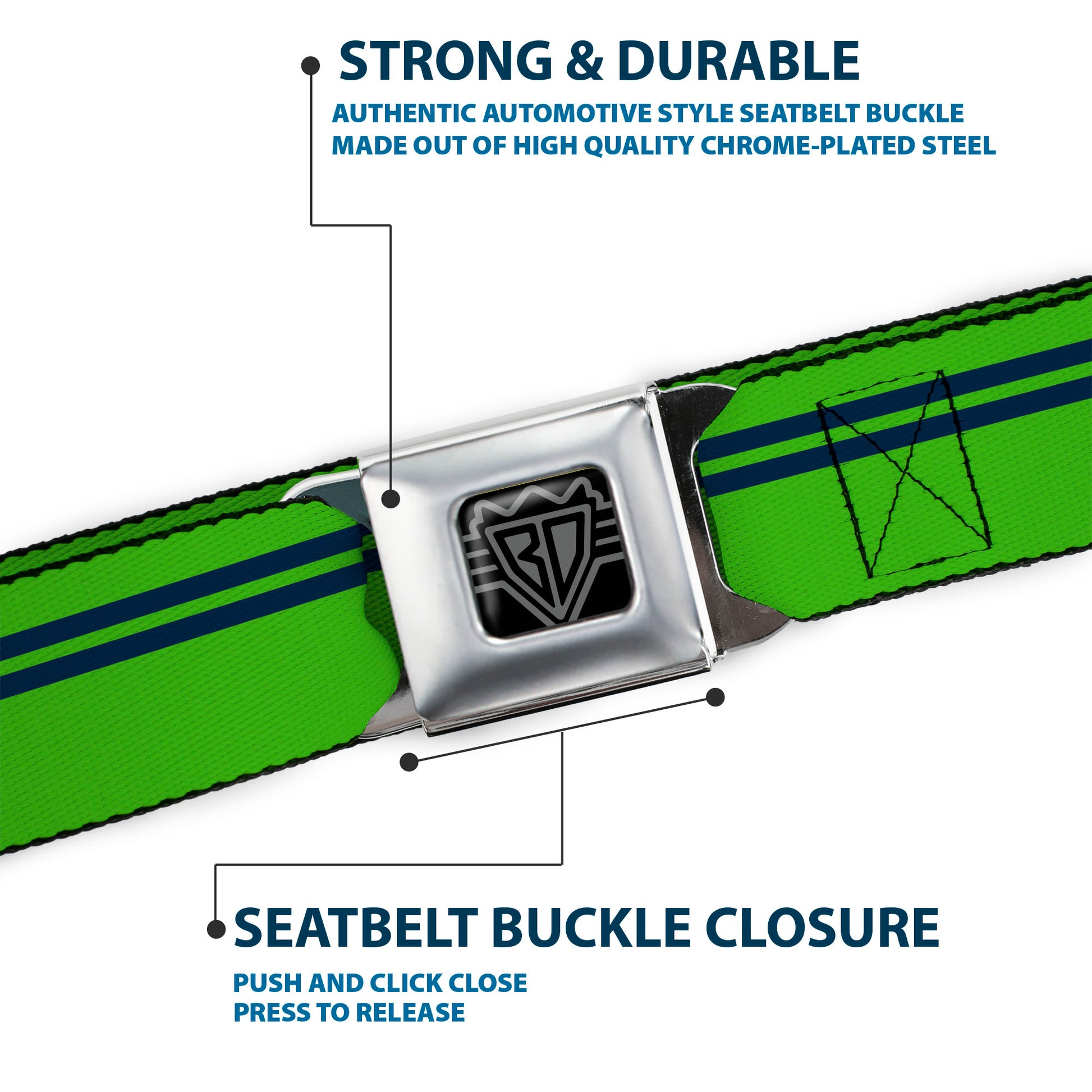 BD Wings Logo CLOSE-UP Full Color Black Silver Seatbelt Belt - Racing Stripe Bright Green/Navy Webbing Seatbelt Belts Buckle-Down