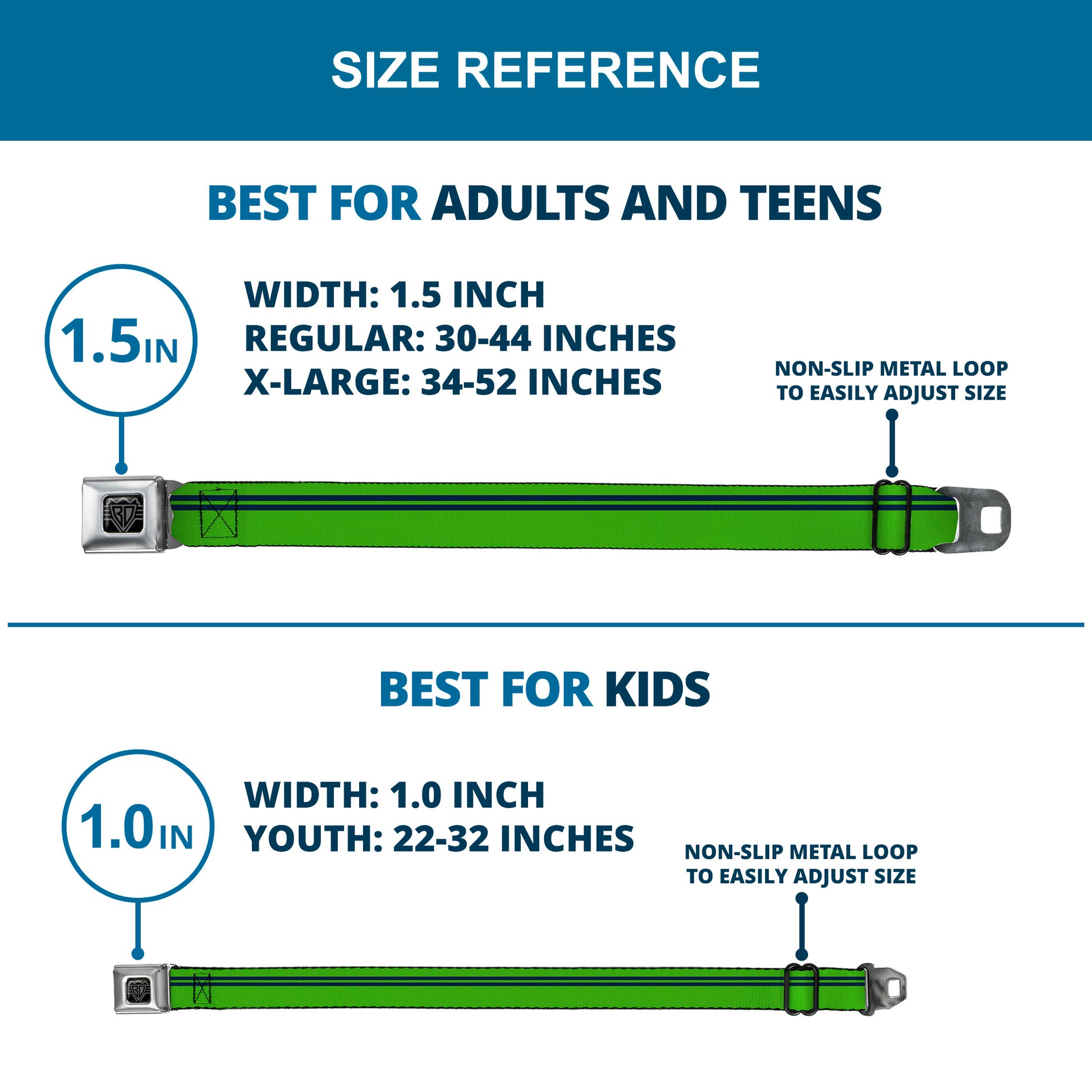 BD Wings Logo CLOSE-UP Full Color Black Silver Seatbelt Belt - Racing Stripe Bright Green/Navy Webbing Seatbelt Belts Buckle-Down