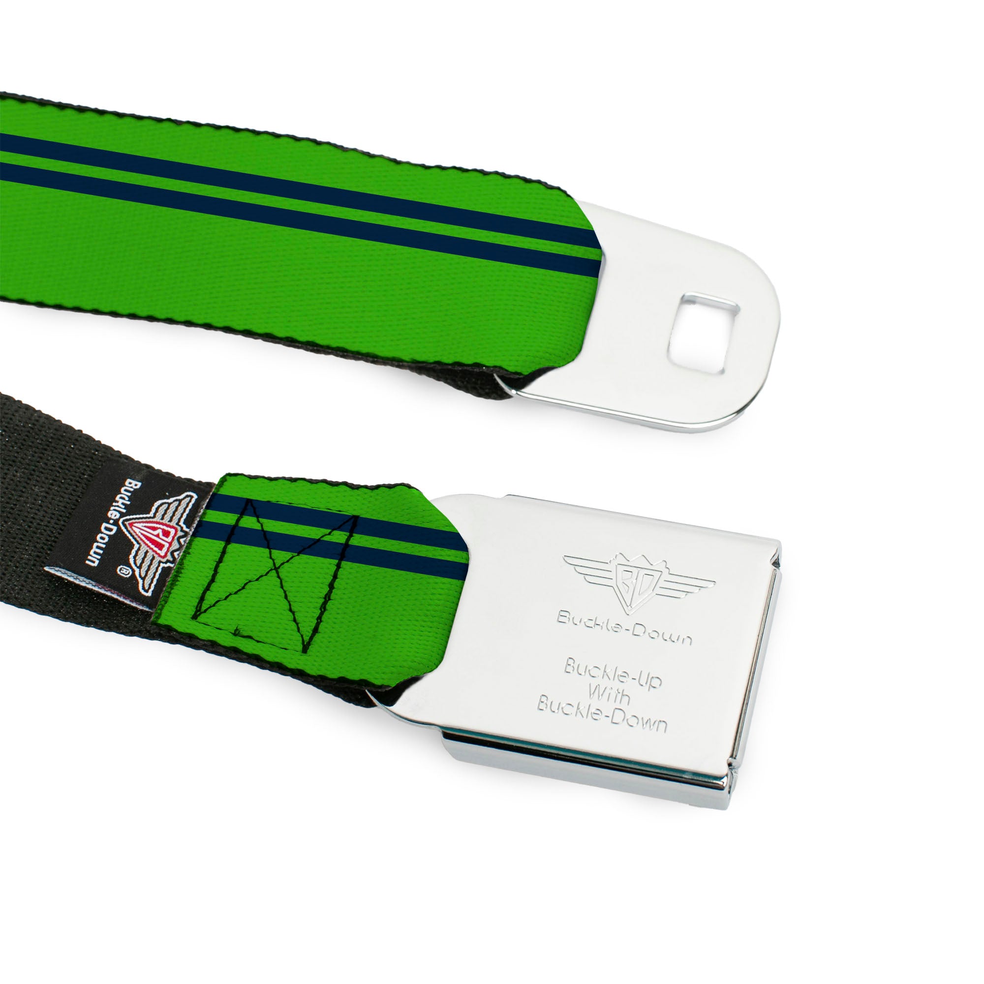 BD Wings Logo CLOSE-UP Full Color Black Silver Seatbelt Belt - Racing Stripe Bright Green/Navy Webbing Seatbelt Belts Buckle-Down