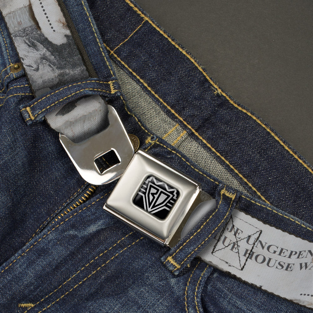 BD Wings Logo CLOSE-UP Full Color Black Silver Seatbelt Belt - Rustic Ripped Bills Webbing Seatbelt Belts Buckle-Down