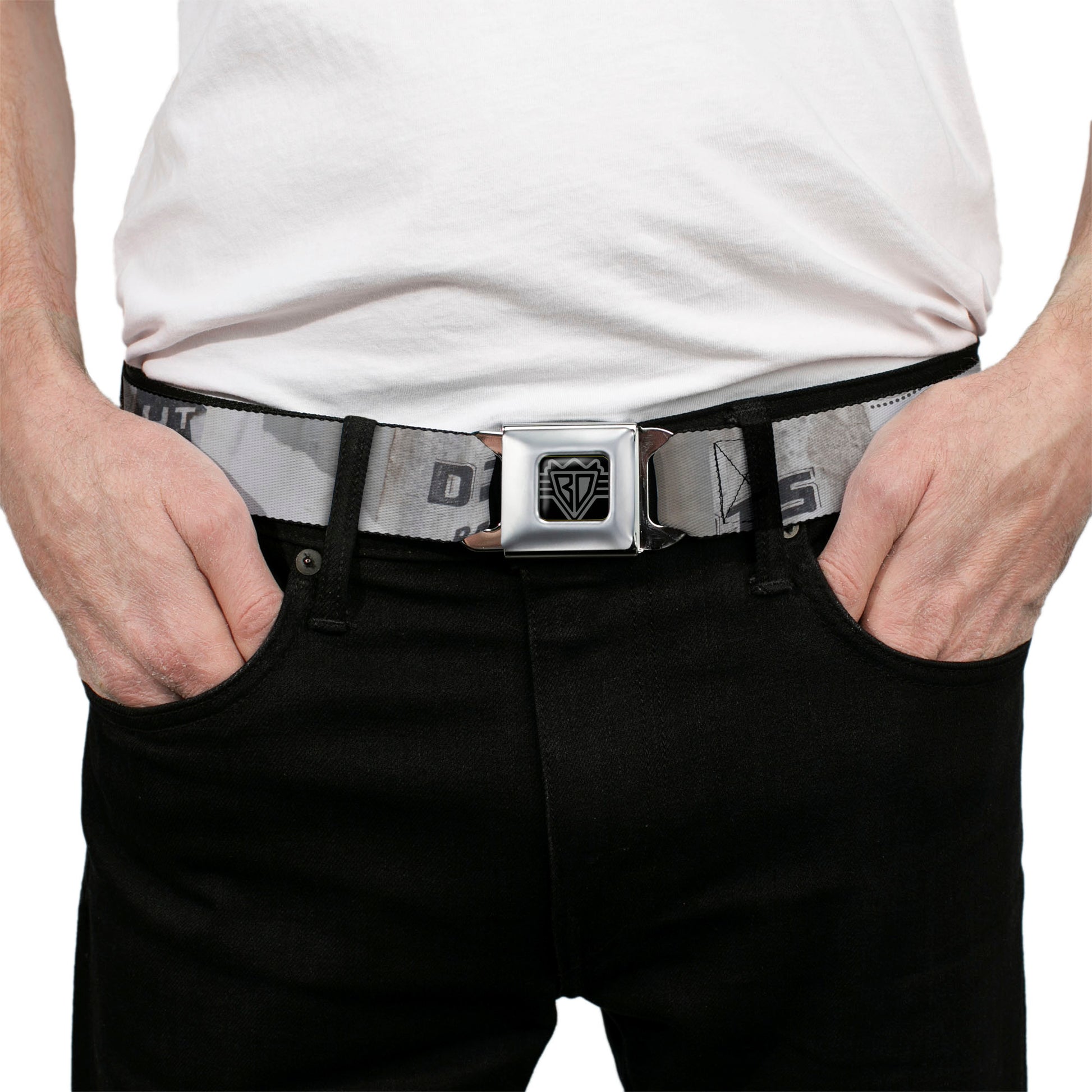 BD Wings Logo CLOSE-UP Full Color Black Silver Seatbelt Belt - Rustic Ripped Bills Webbing Seatbelt Belts Buckle-Down