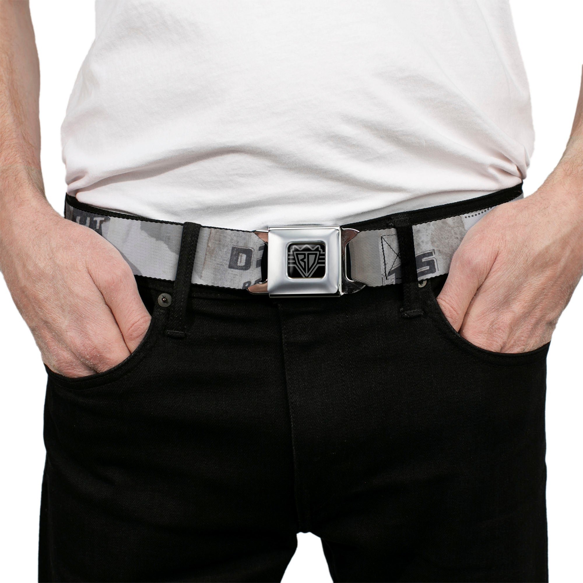 BD Wings Logo CLOSE-UP Full Color Black Silver Seatbelt Belt - Rustic Ripped Bills Webbing Seatbelt Belts Buckle-Down
