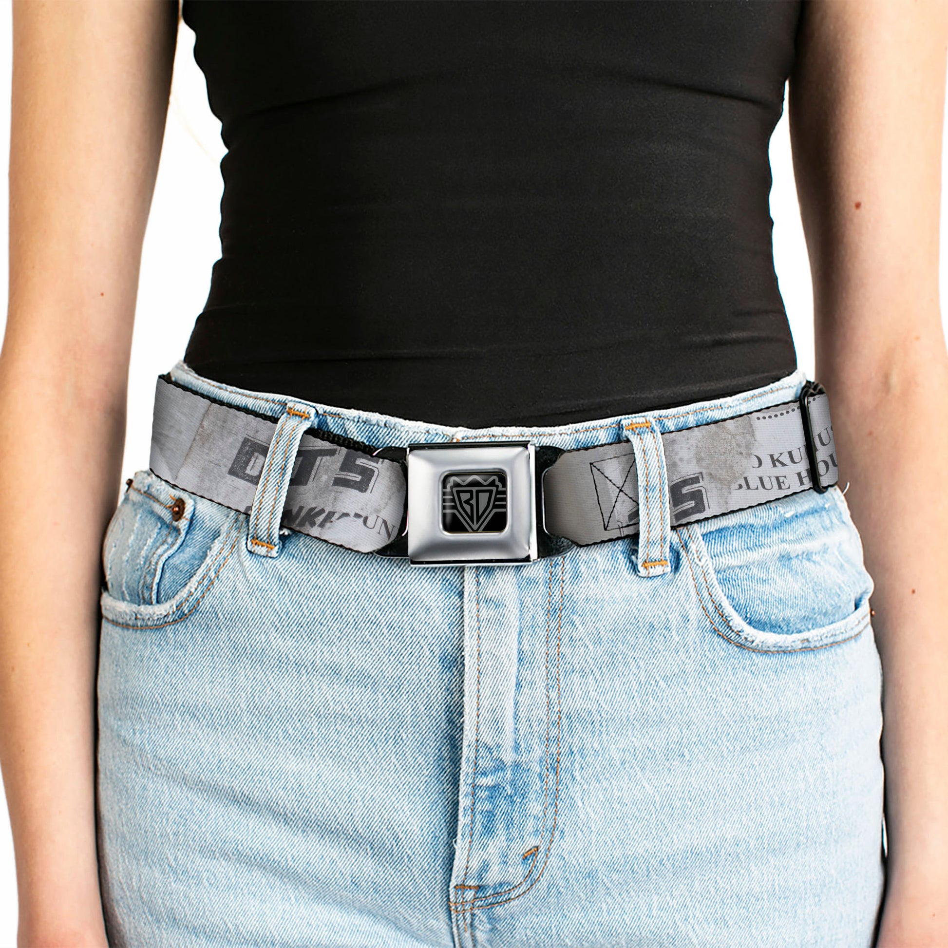 BD Wings Logo CLOSE-UP Full Color Black Silver Seatbelt Belt - Rustic Ripped Bills Webbing Seatbelt Belts Buckle-Down