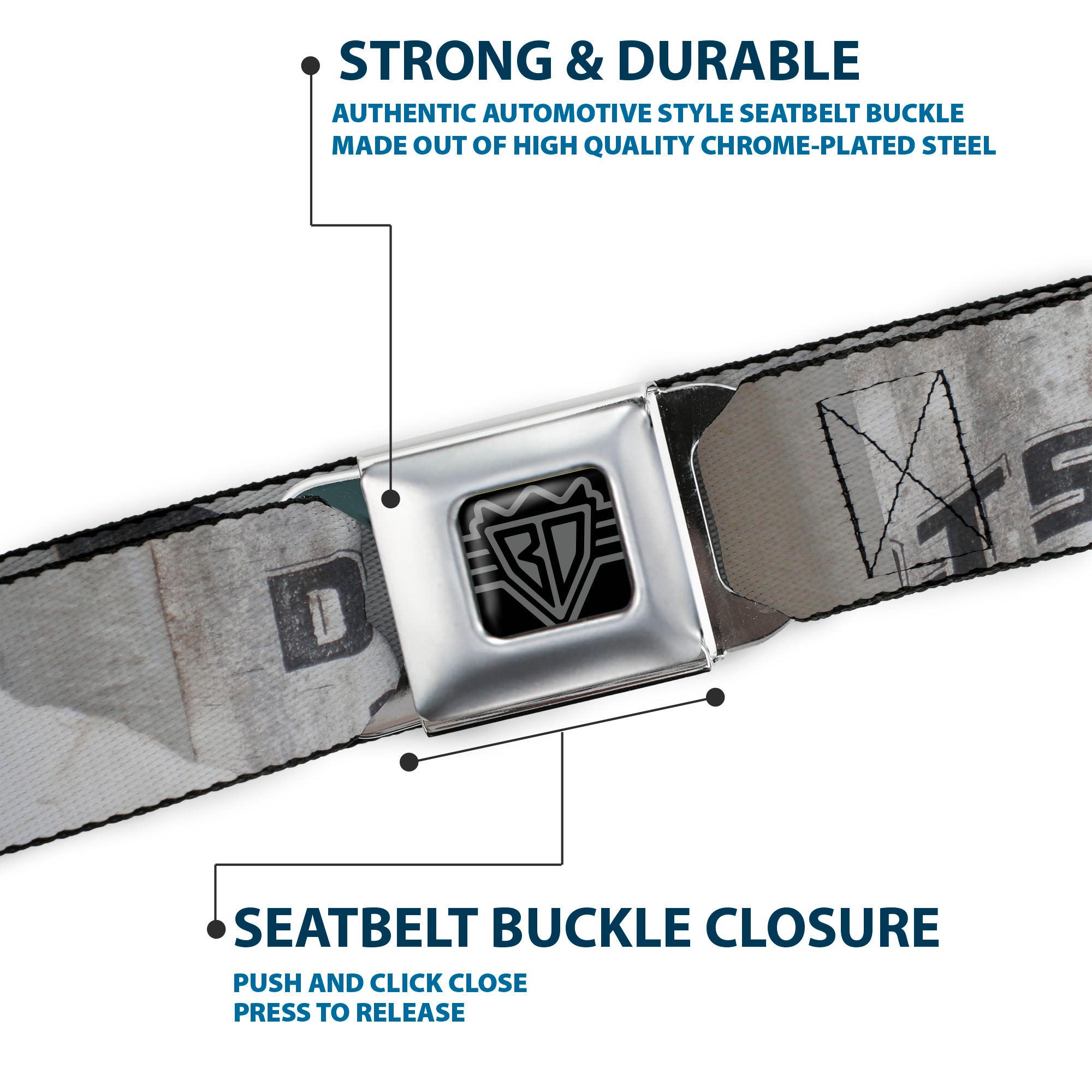 BD Wings Logo CLOSE-UP Full Color Black Silver Seatbelt Belt - Rustic Ripped Bills Webbing Seatbelt Belts Buckle-Down