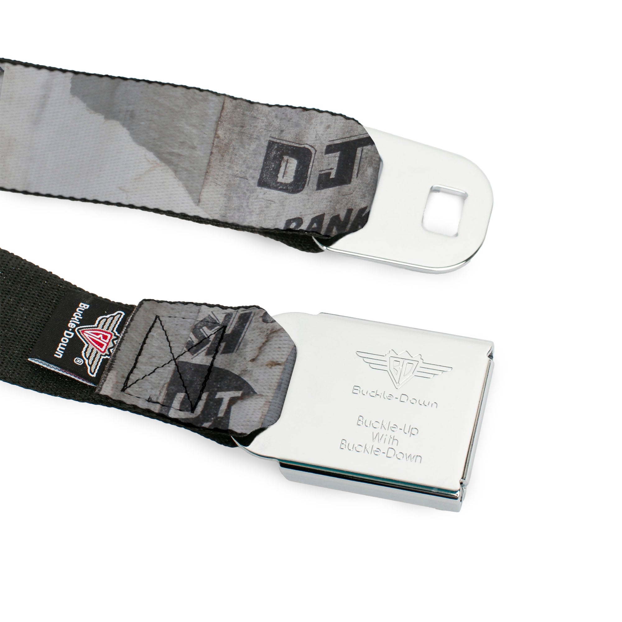 BD Wings Logo CLOSE-UP Full Color Black Silver Seatbelt Belt - Rustic Ripped Bills Webbing Seatbelt Belts Buckle-Down