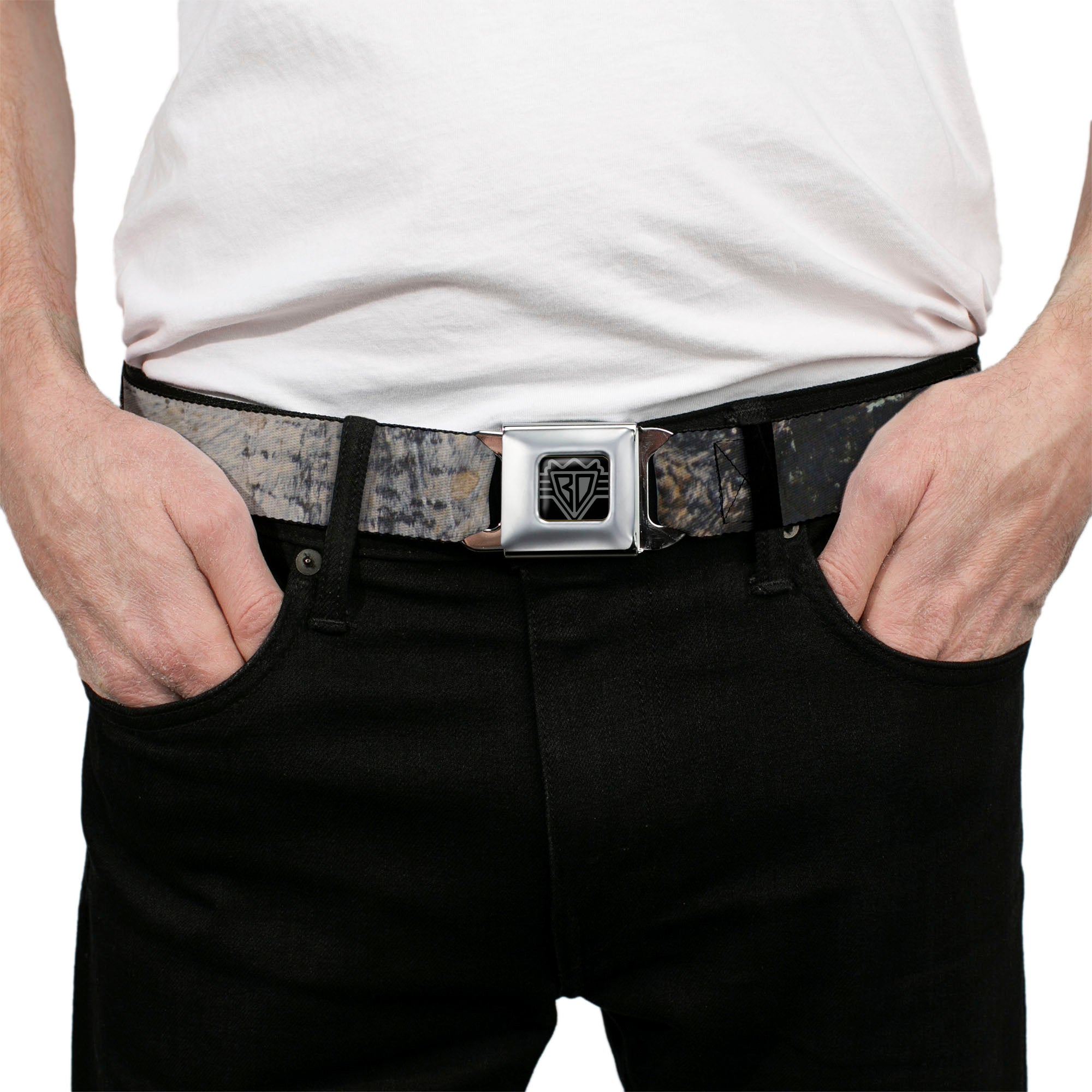 BD Wings Logo CLOSE-UP Full Color Black Silver Seatbelt Belt - Rustic Concrete Panels Webbing Seatbelt Belts Buckle-Down